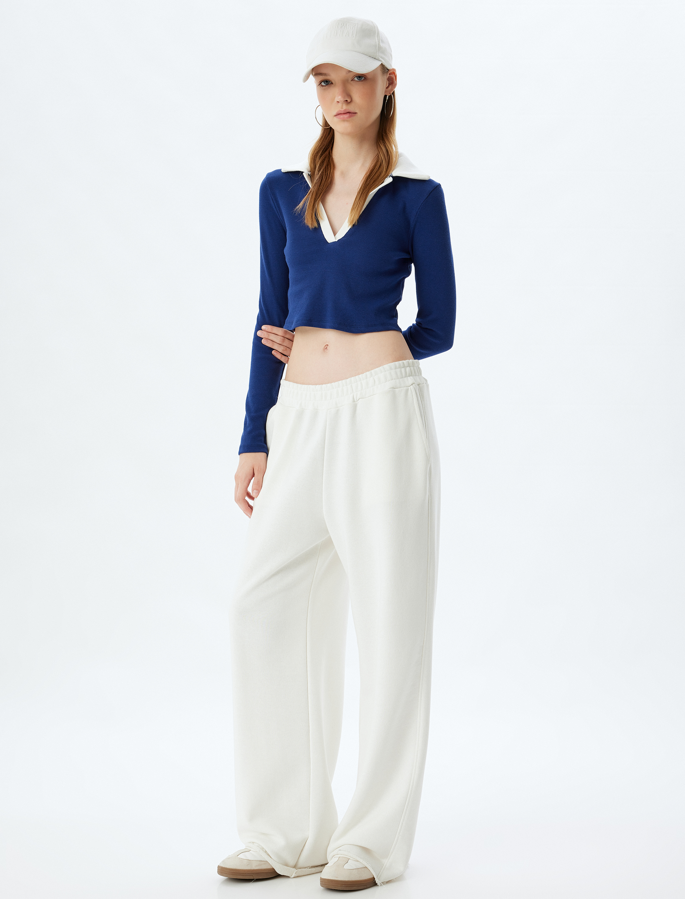 Polo Yaka Tişört Crop Uzun Kollu Biyeli