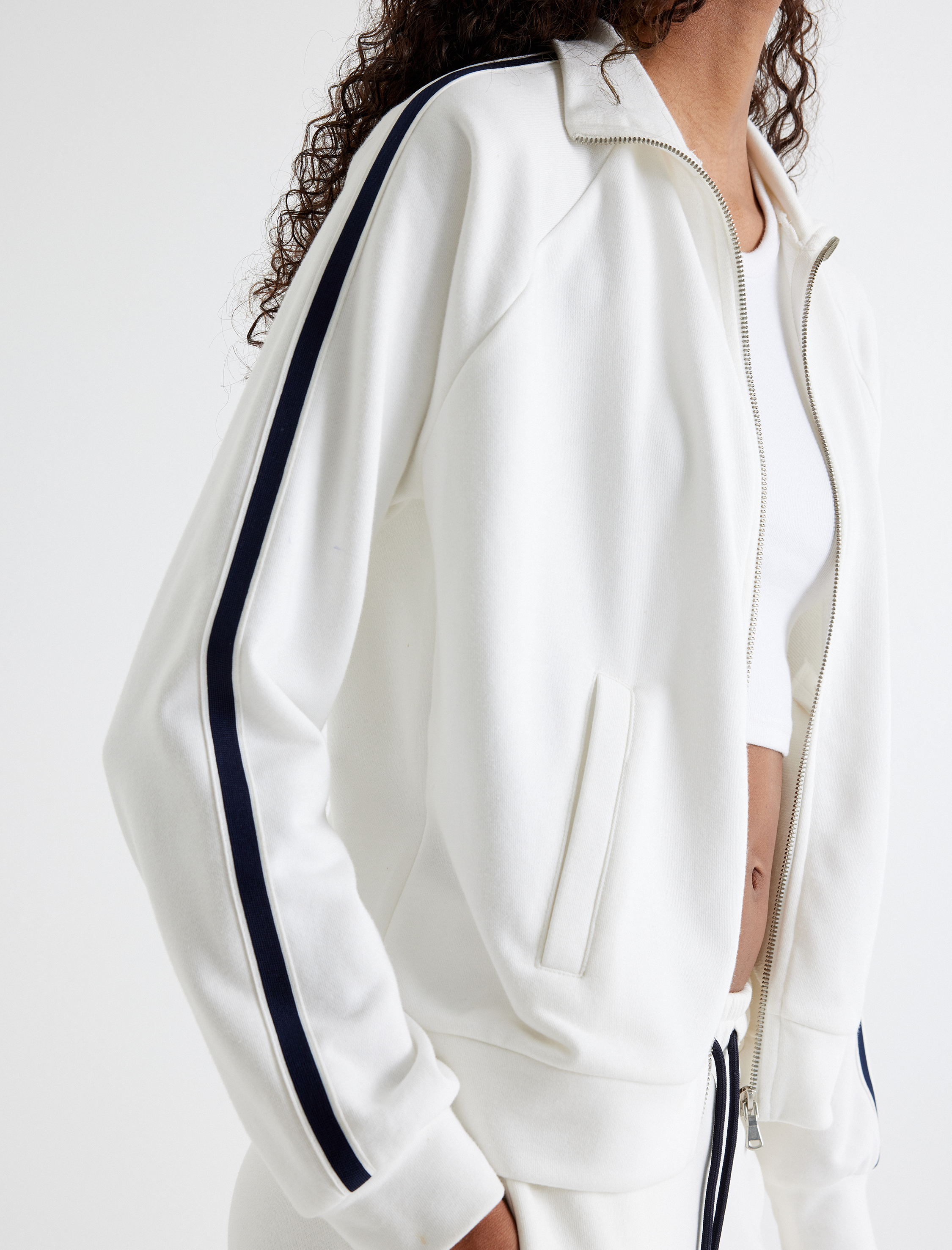   Fermuarlı Sweatshirt Şerit Detaylı Cepli Dik Yaka
