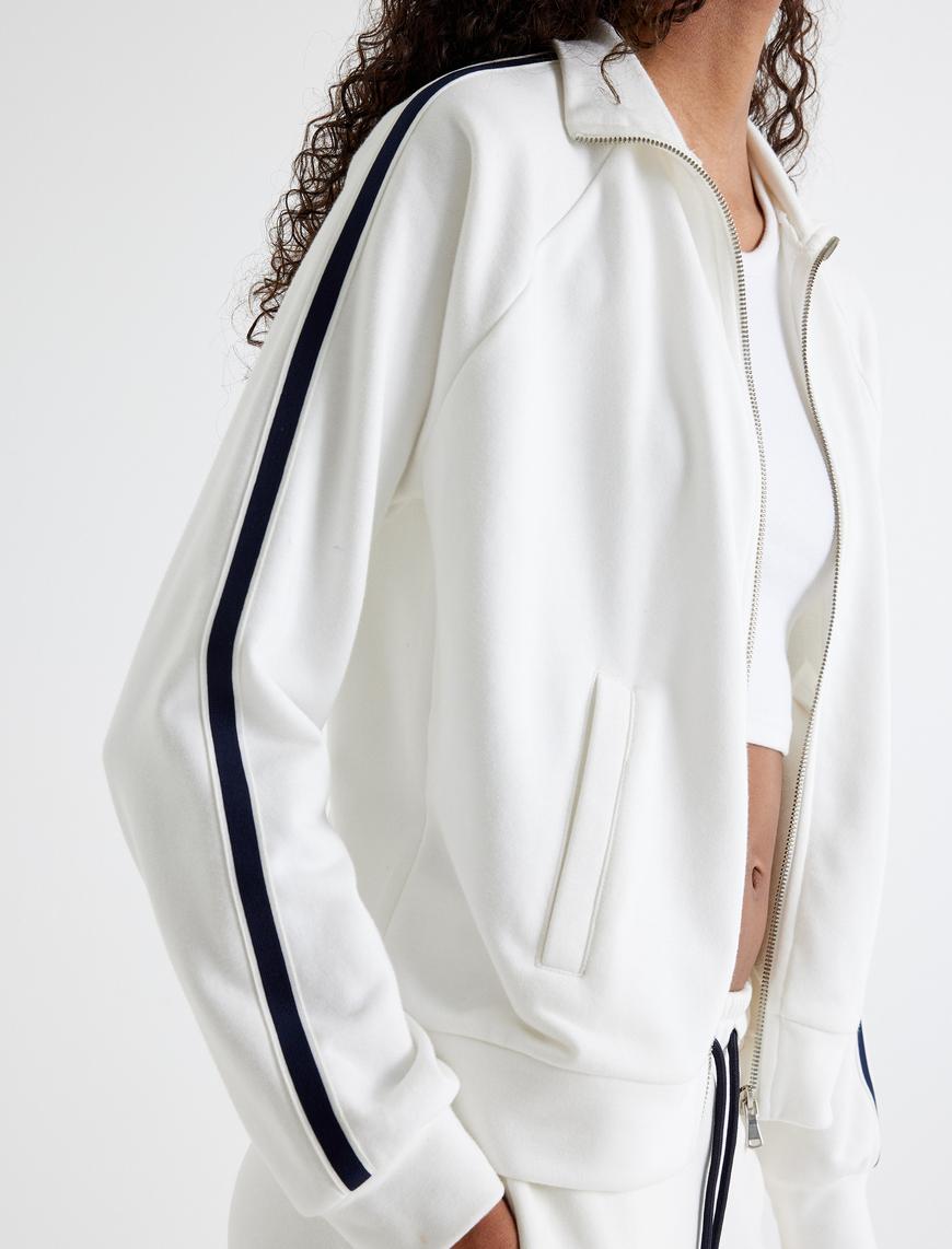   Fermuarlı Sweatshirt Şerit Detaylı Cepli Dik Yaka