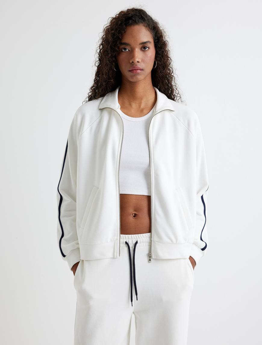   Fermuarlı Sweatshirt Şerit Detaylı Cepli Dik Yaka