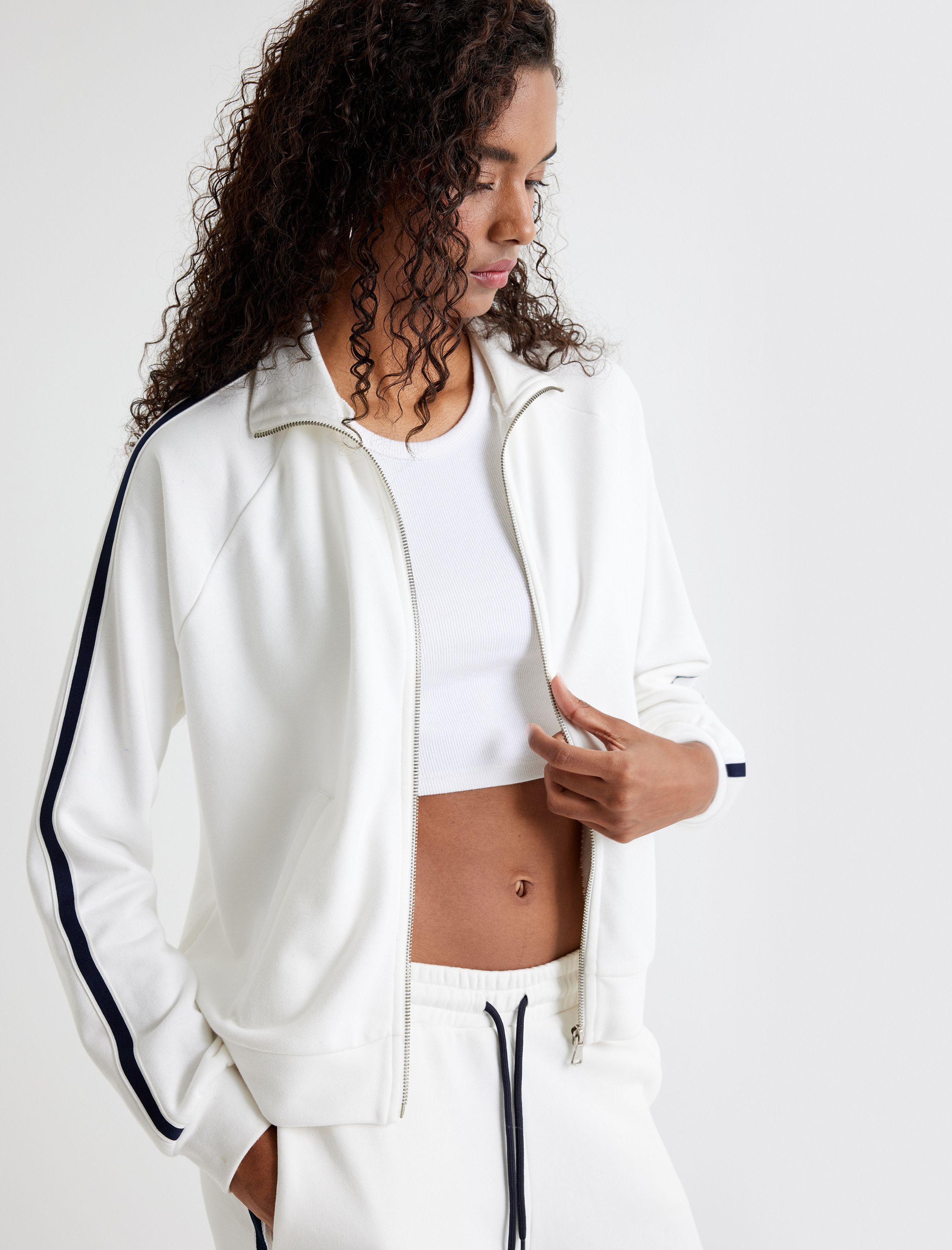   Fermuarlı Sweatshirt Şerit Detaylı Cepli Dik Yaka