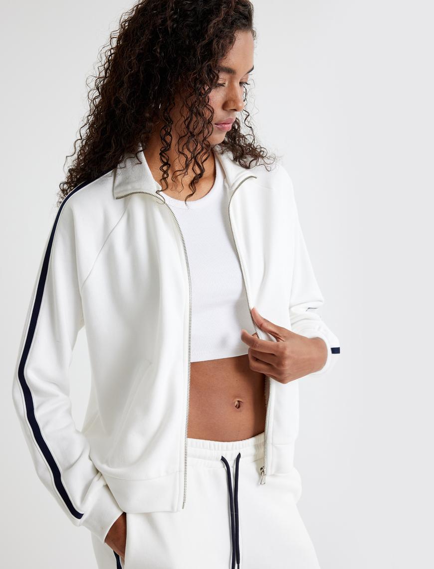   Fermuarlı Sweatshirt Şerit Detaylı Cepli Dik Yaka