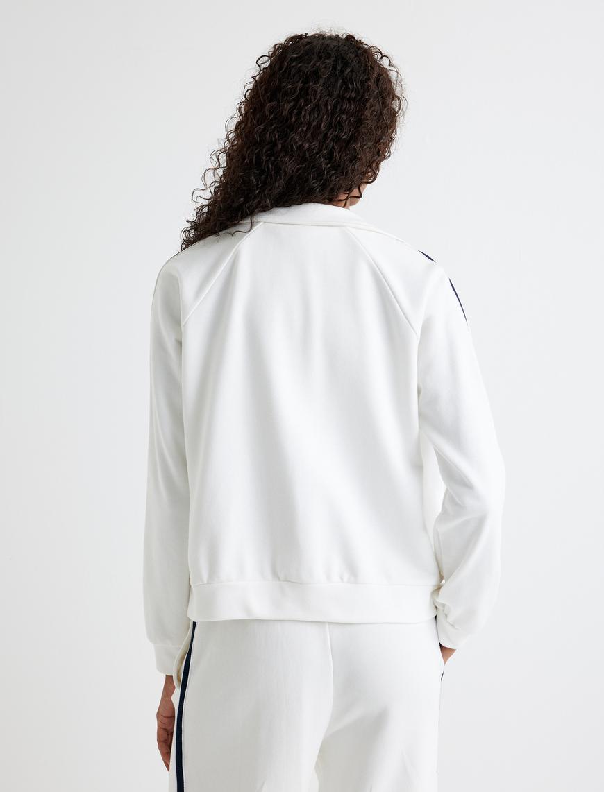   Fermuarlı Sweatshirt Şerit Detaylı Cepli Dik Yaka