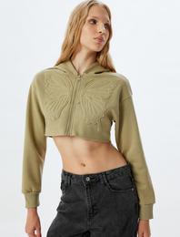 Kapşonlu Kelebek İşlemeli Fermuarlı Crop Sweatshirt