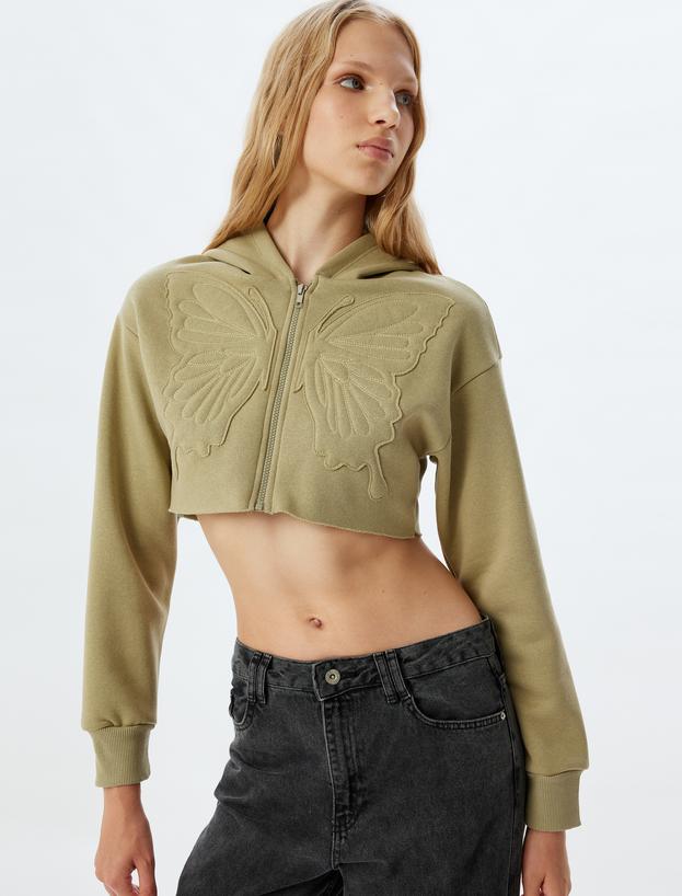 Crop Sweatshirt Fermuarlı Kapüşonlu Kelebek İşlemeli_0