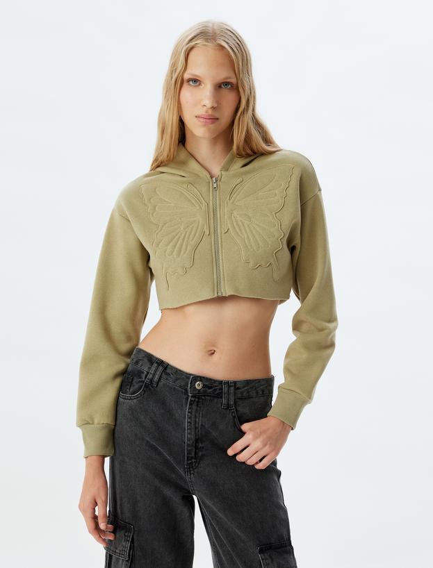 Crop Sweatshirt Fermuarlı Kapüşonlu Kelebek İşlemeli_2