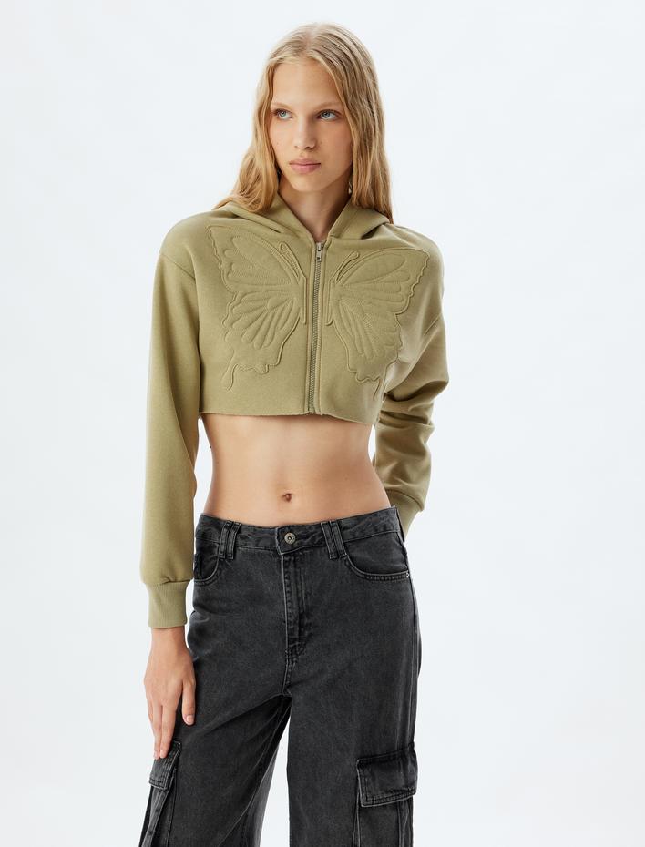 Kapşonlu Kelebek İşlemeli Fermuarlı Crop Sweatshirt