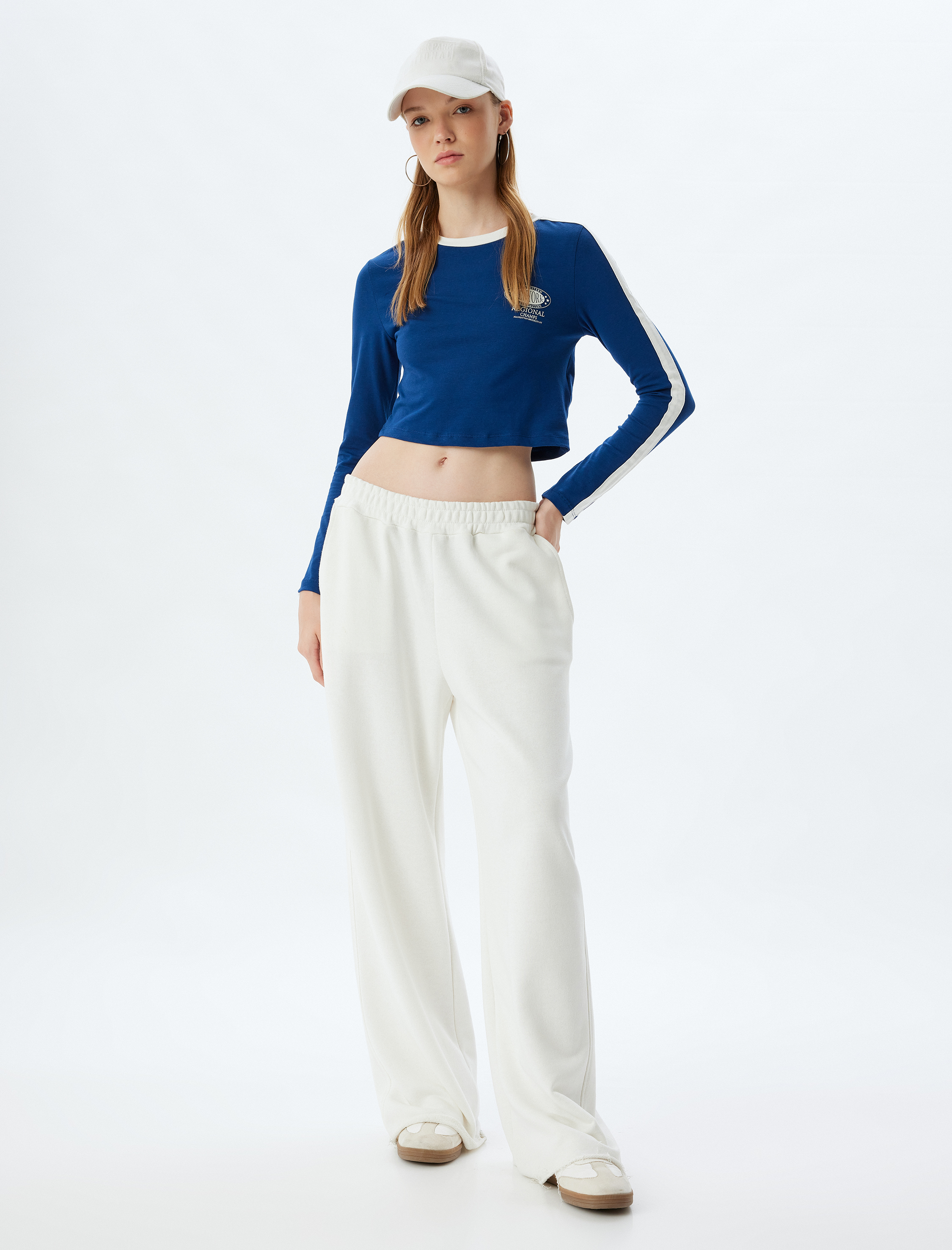   Crop Tişört Uzun Kollu Kolej Baskılı Bisiklet Yaka Biyeli Slim Fit