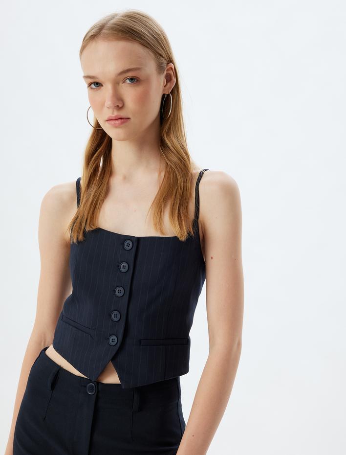  Crop Üst Düğmeli İp Askılı Cep Detaylı Slim Fit