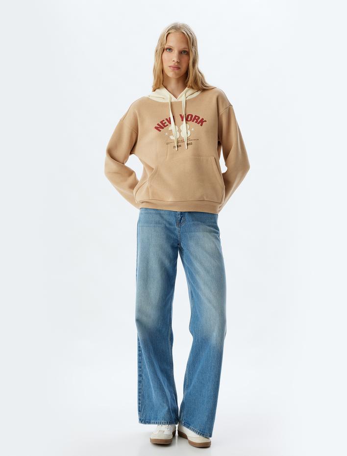  Şardonlu Kolej Sweatshirt Kapüşonlu Baskılı Kanguru Cepli Rahat Kalıp