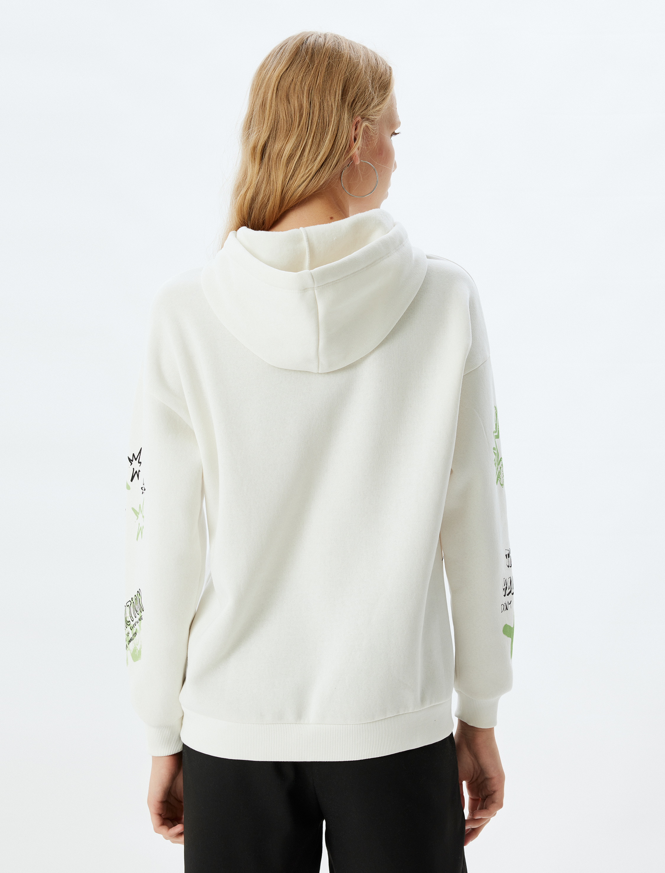   Şardonlu Kapüşonlu Sweatshirt Slogan Baskılı Rahat Kalıp