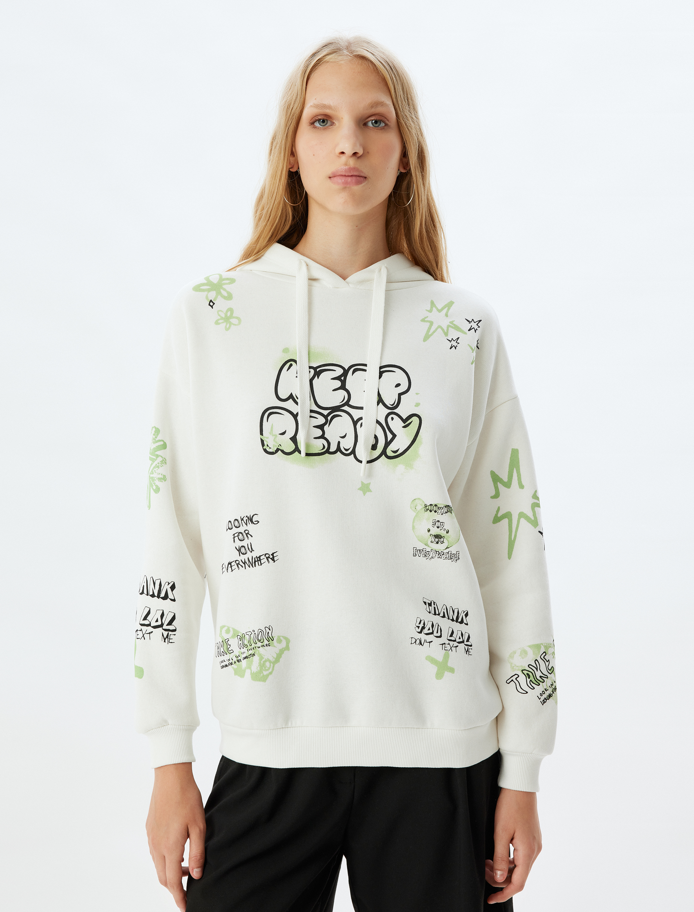   Şardonlu Kapüşonlu Sweatshirt Slogan Baskılı Rahat Kalıp