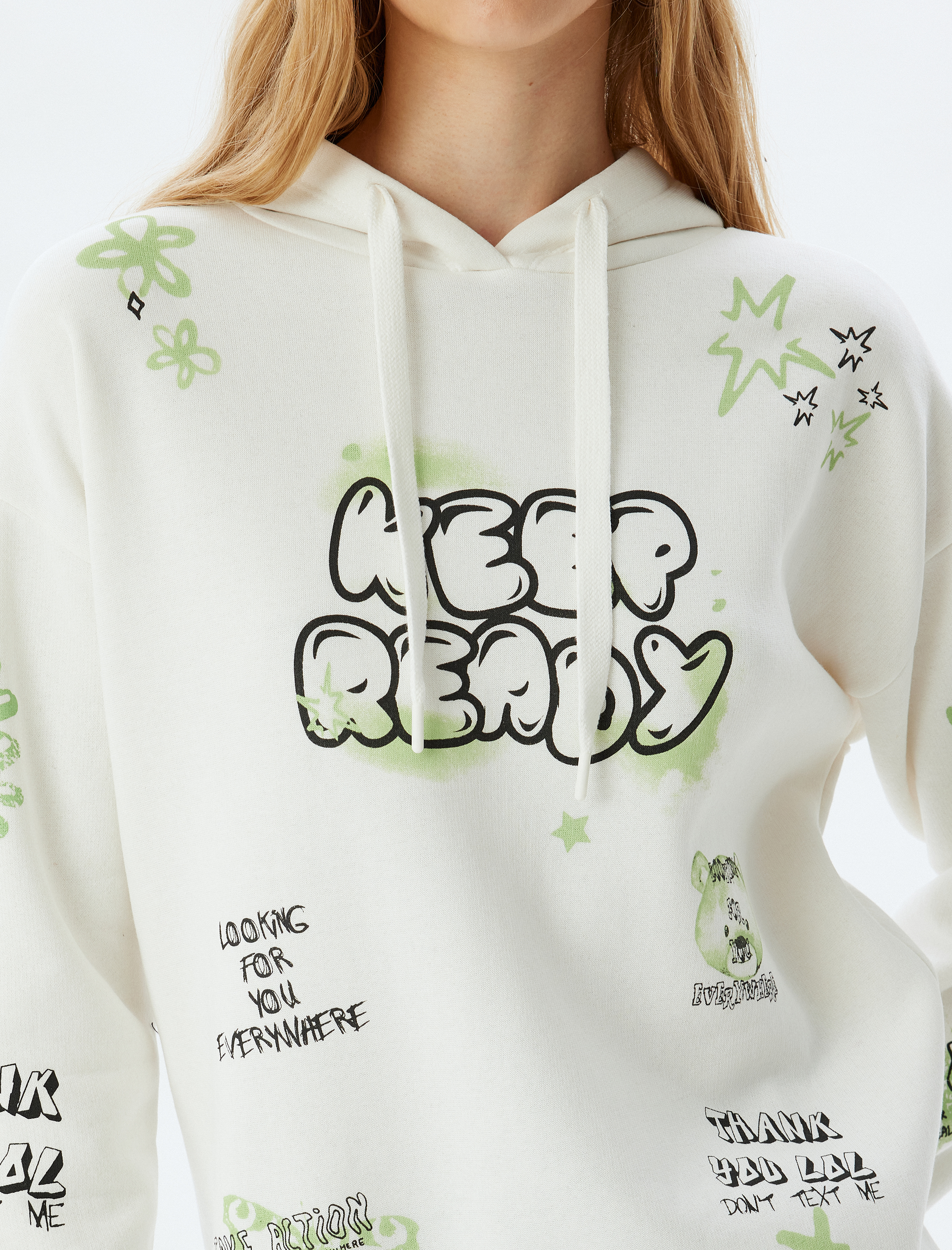   Şardonlu Kapüşonlu Sweatshirt Slogan Baskılı Rahat Kalıp