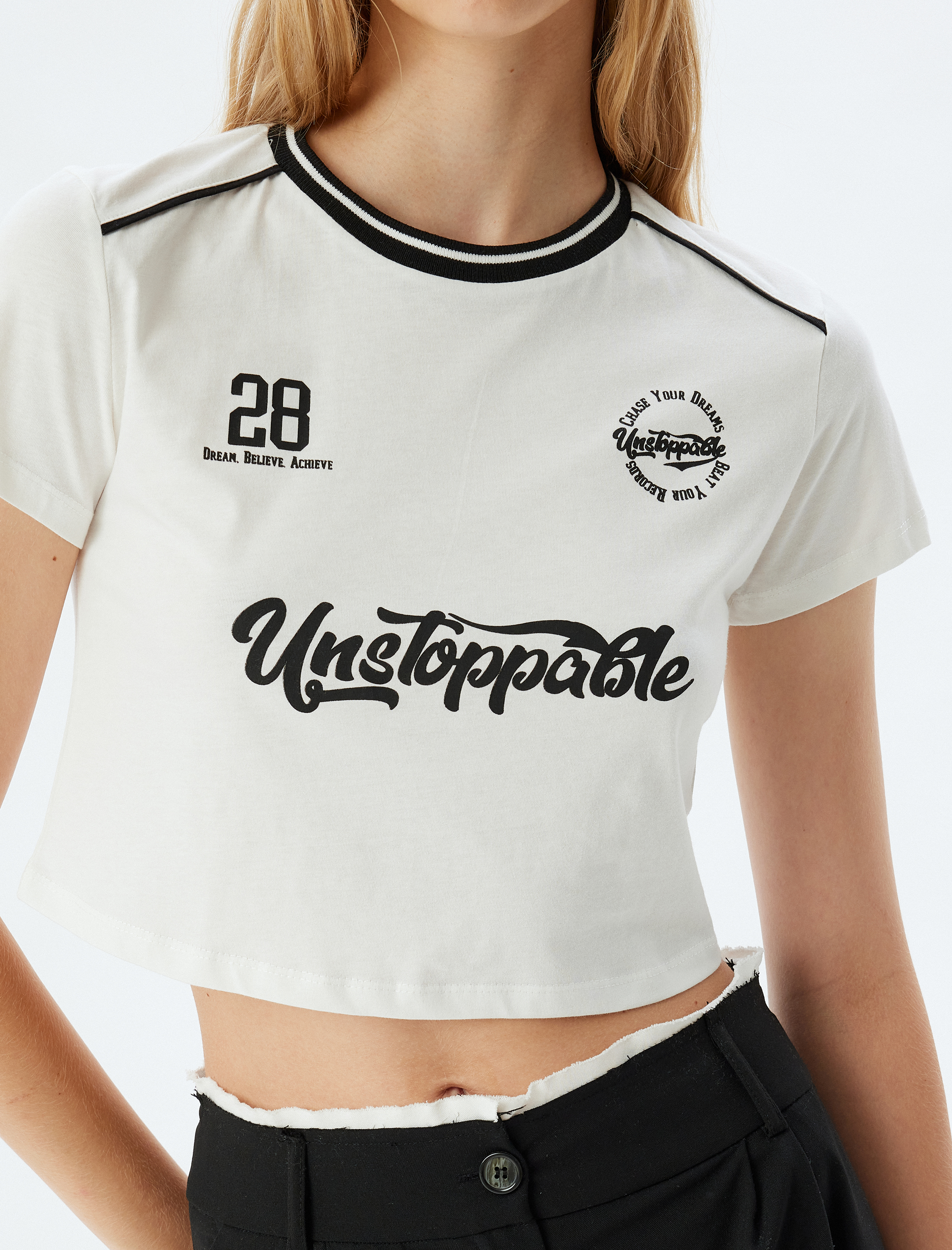 Crop Tişört Slogan Baskılı Bisiklet Yaka Biyeli Slim Fit