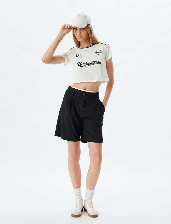  Crop Tişört Slogan Baskılı Bisiklet Yaka Biyeli Slim Fit