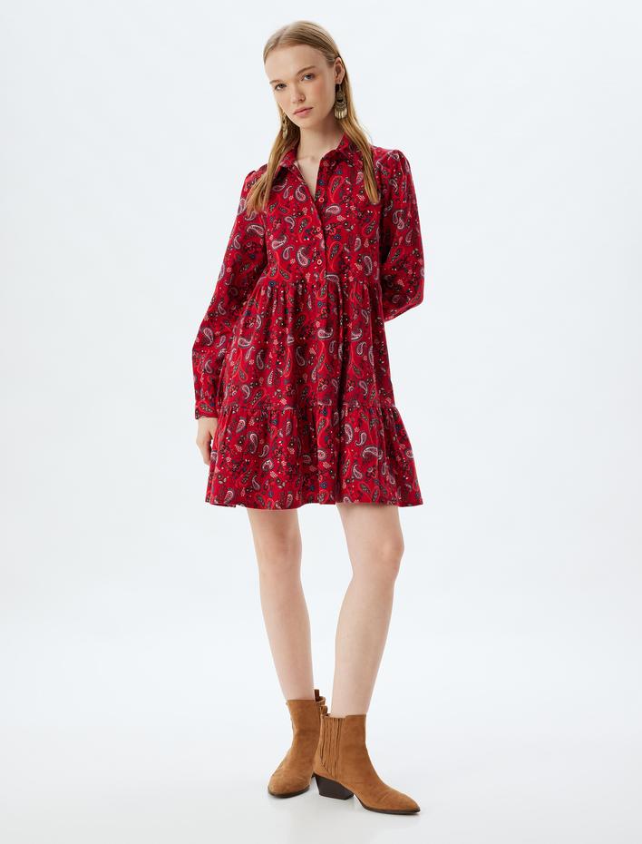  Etnik Desenli Katmanlı Gömlek Elbise Uzun Kollu