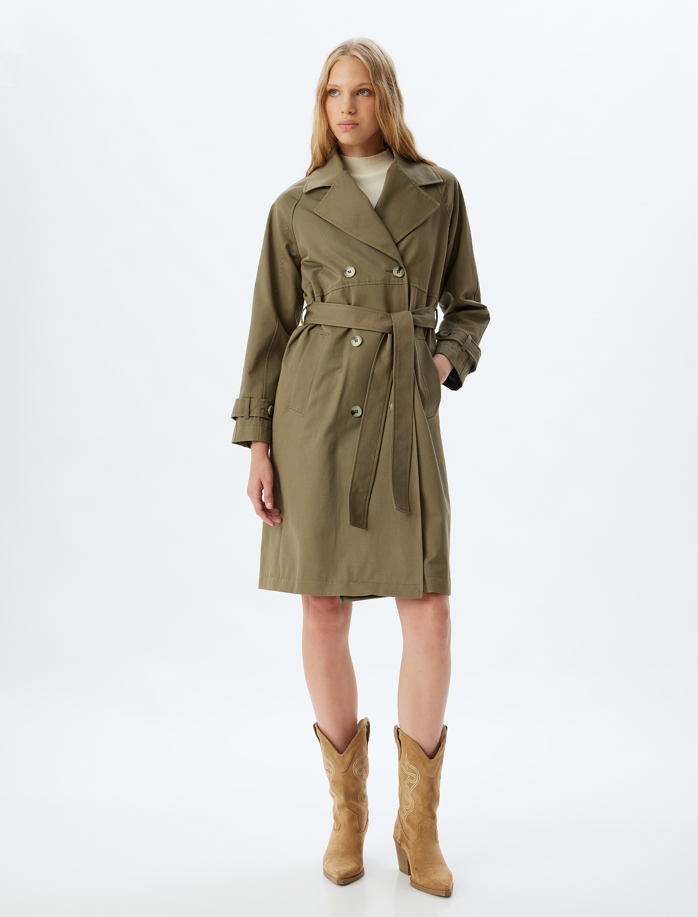   Kruvaze Yaka Düğmeli Cepli Pamuklu Trençkot