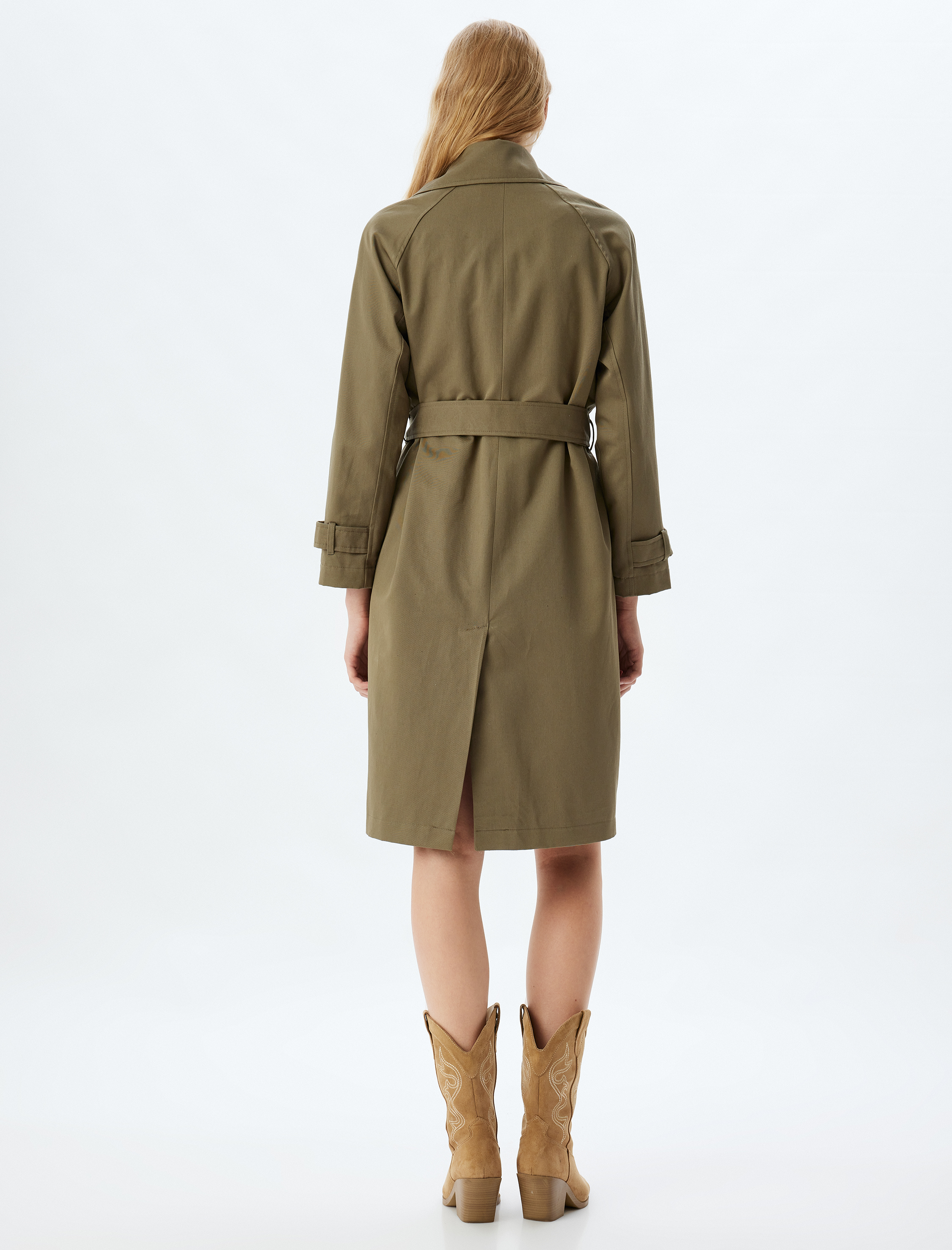   Kruvaze Yaka Düğmeli Cepli Pamuklu Trençkot