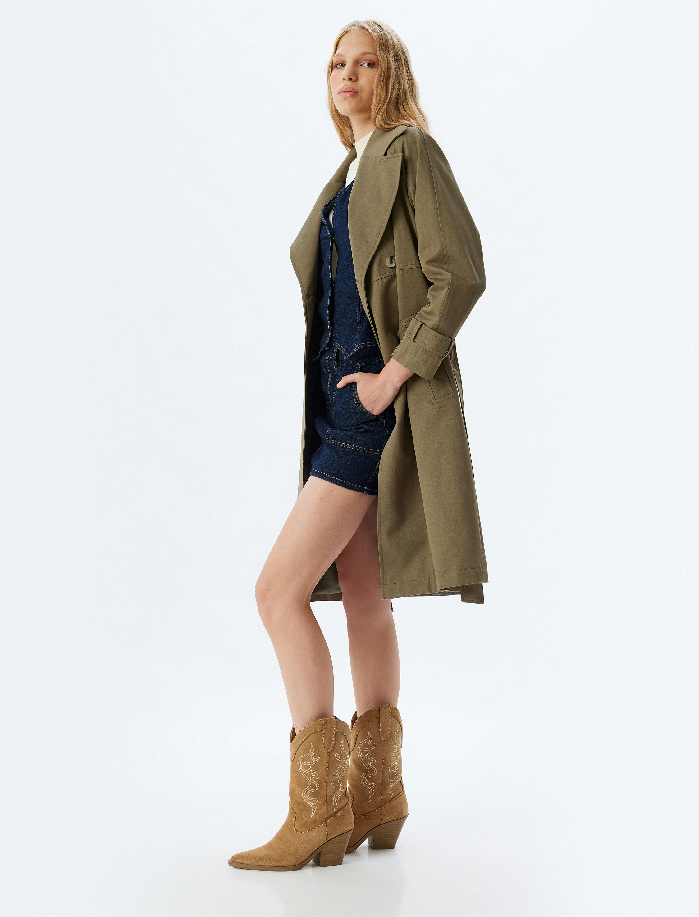   Kruvaze Yaka Düğmeli Cepli Pamuklu Trençkot