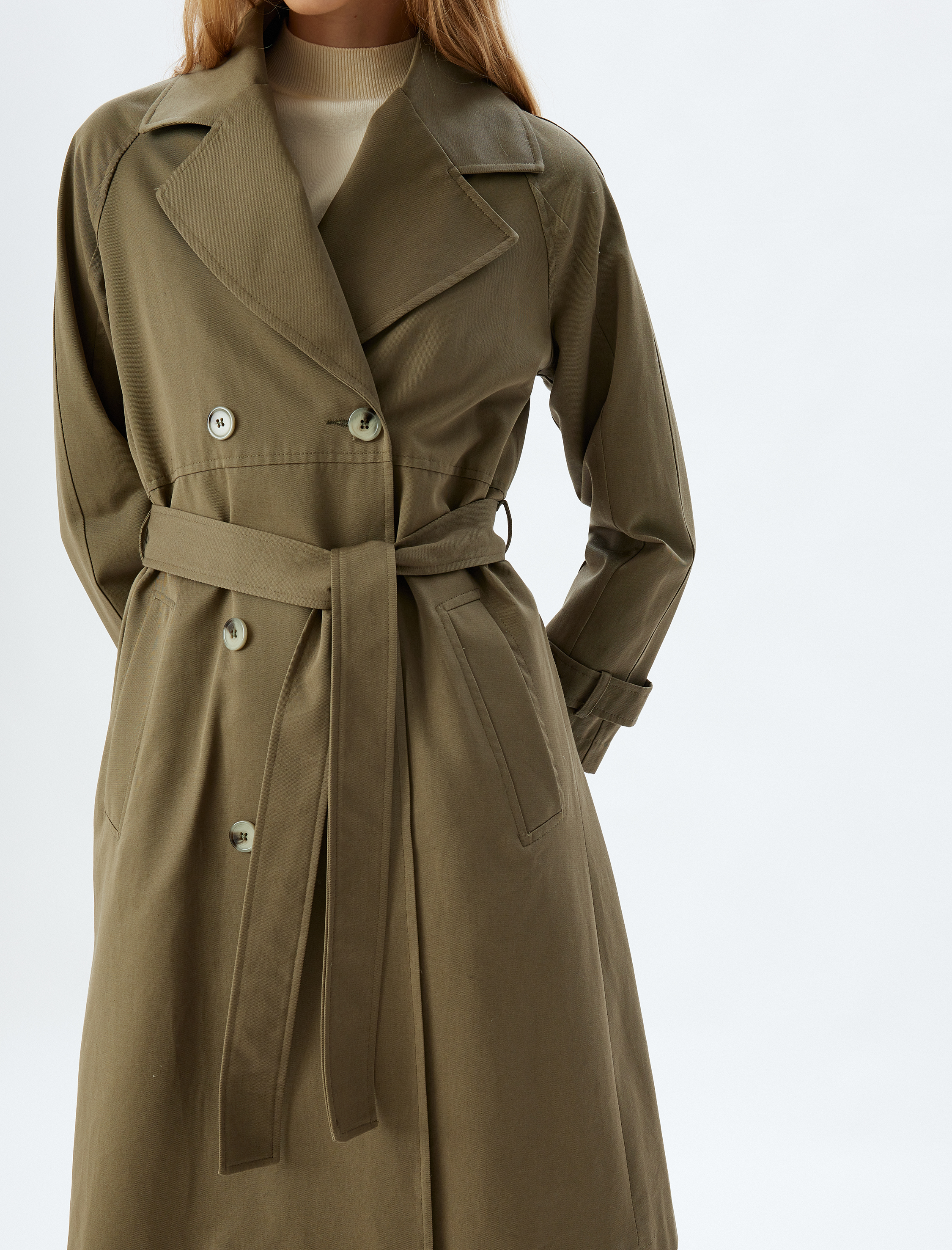   Kruvaze Yaka Düğmeli Cepli Pamuklu Trençkot