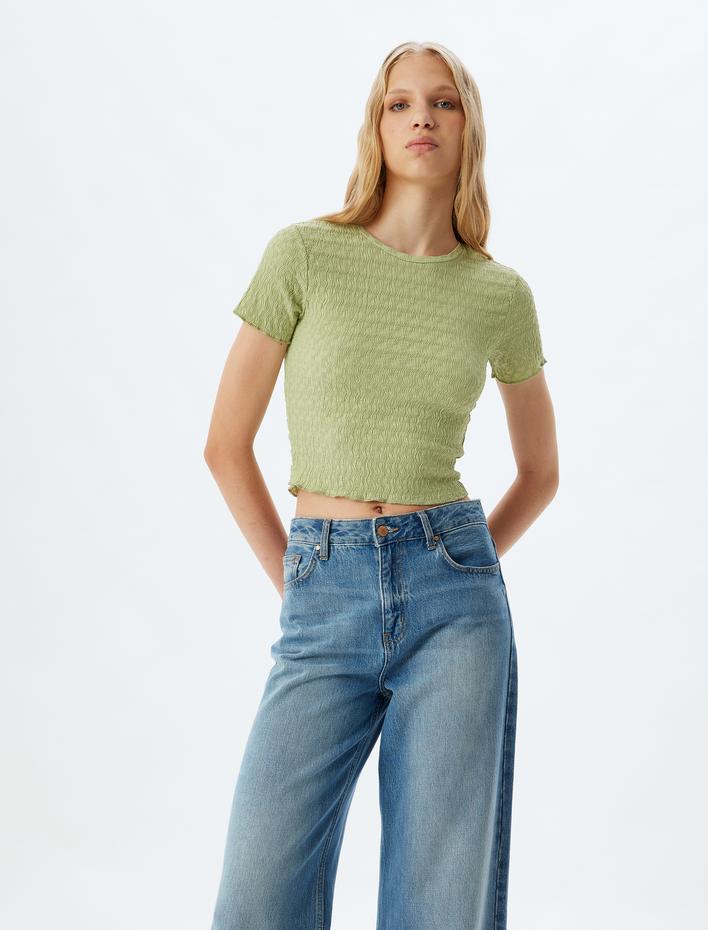  Bürümcük Tişört Crop Kısa Kollu Bisiklet Yaka Slim Fit