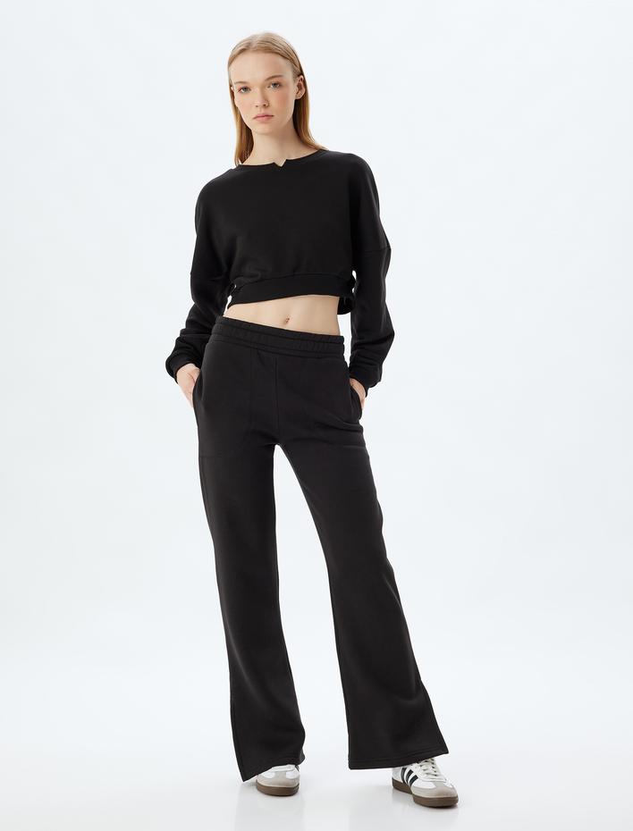  Bol Paça Eşofman Altı Beli Lastikli Yırtmaç Detaylı Yüksek Bel Şardonlu Cepli