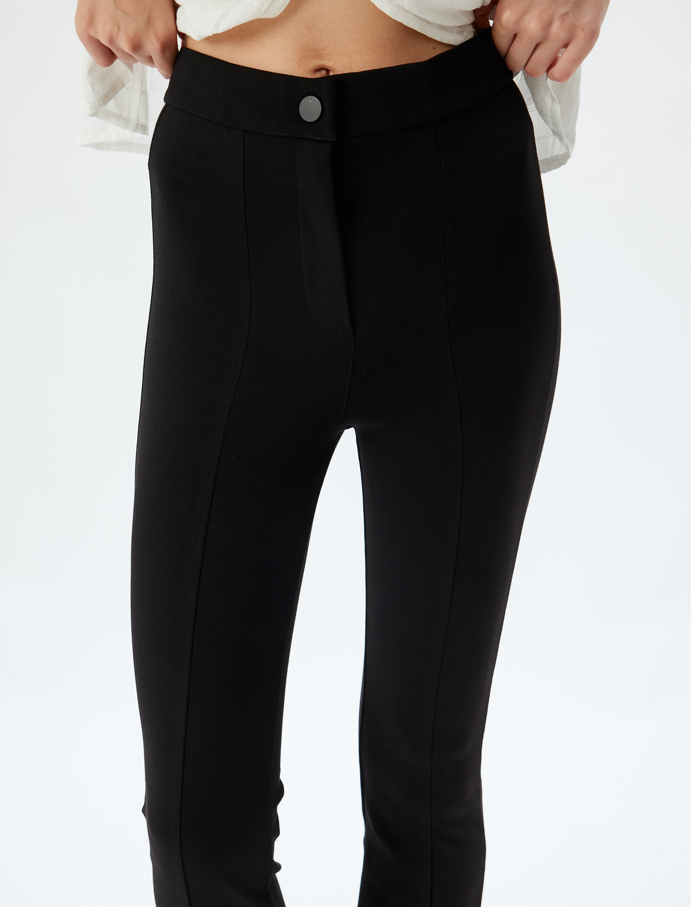 İspanyol Paça Tayt Pantolon Nervürlü Yüksek Bel Slim Fit Yırtmaç Detaylı