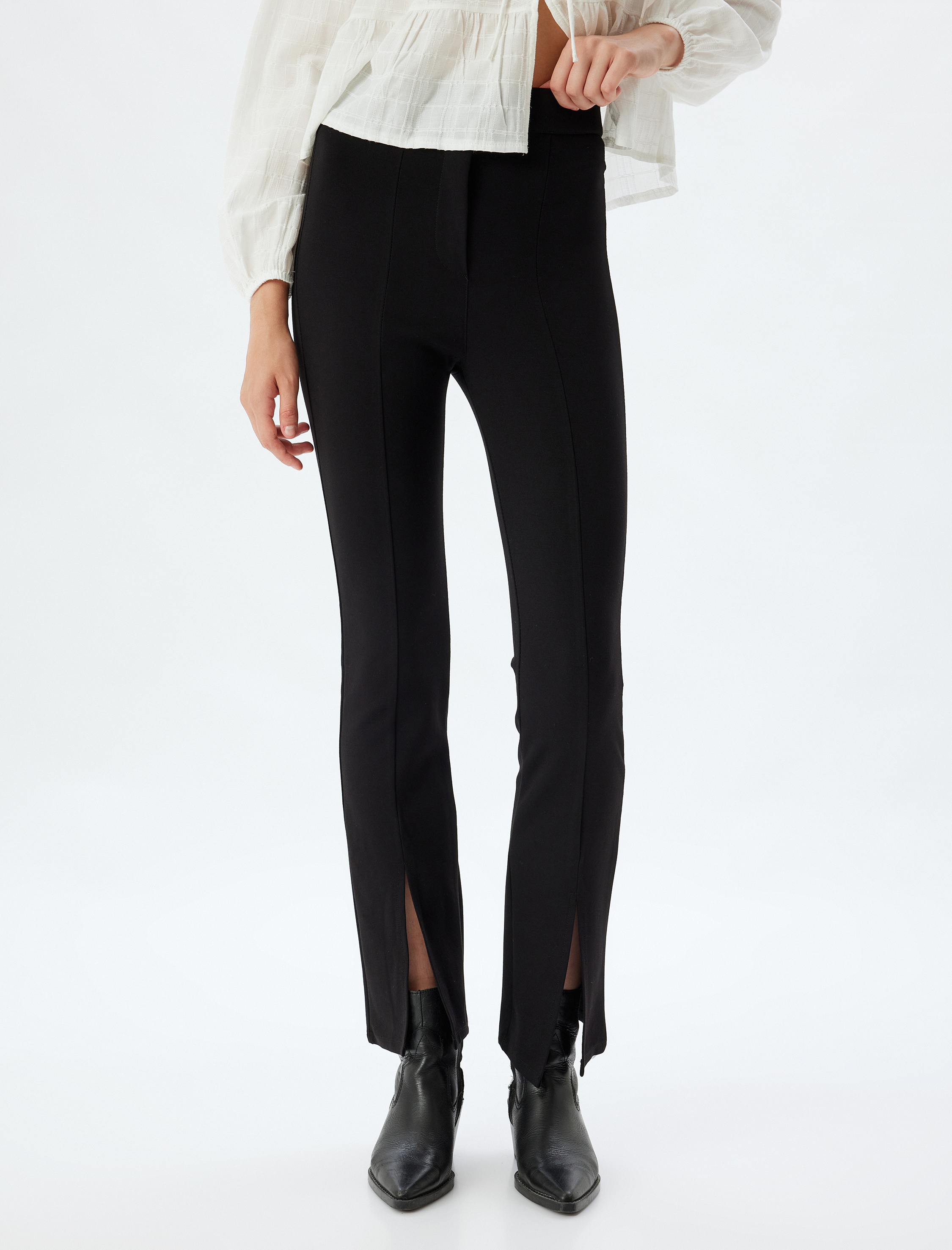 İspanyol Paça Tayt Pantolon Nervürlü Yüksek Bel Slim Fit Yırtmaç Detaylı