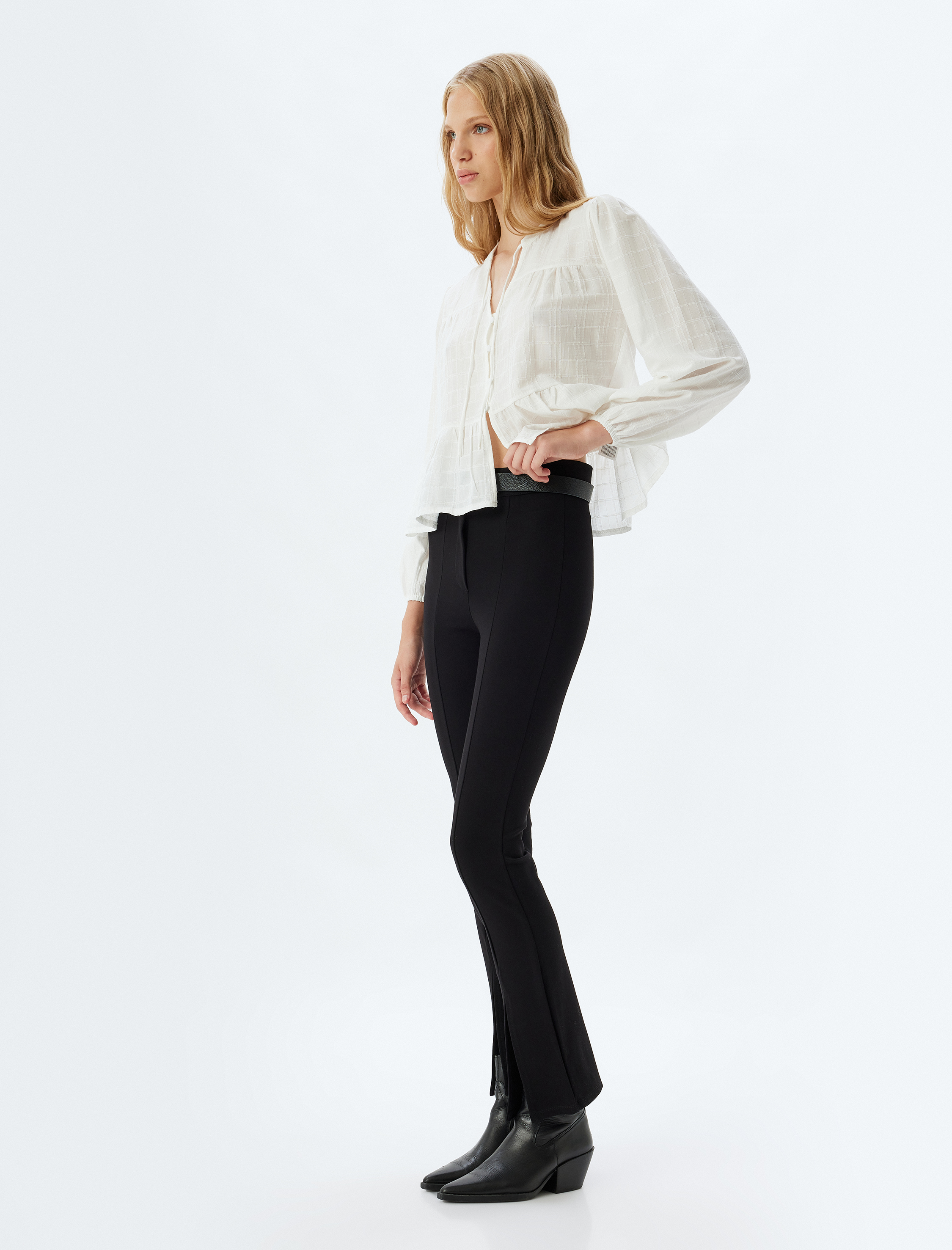 İspanyol Paça Tayt Pantolon Nervürlü Yüksek Bel Slim Fit Yırtmaç Detaylı