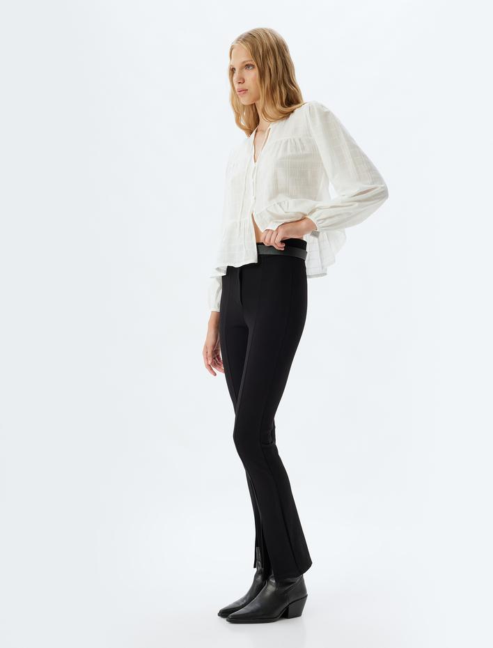  İspanyol Paça Tayt Pantolon Nervürlü Yüksek Bel Slim Fit Yırtmaç Detaylı