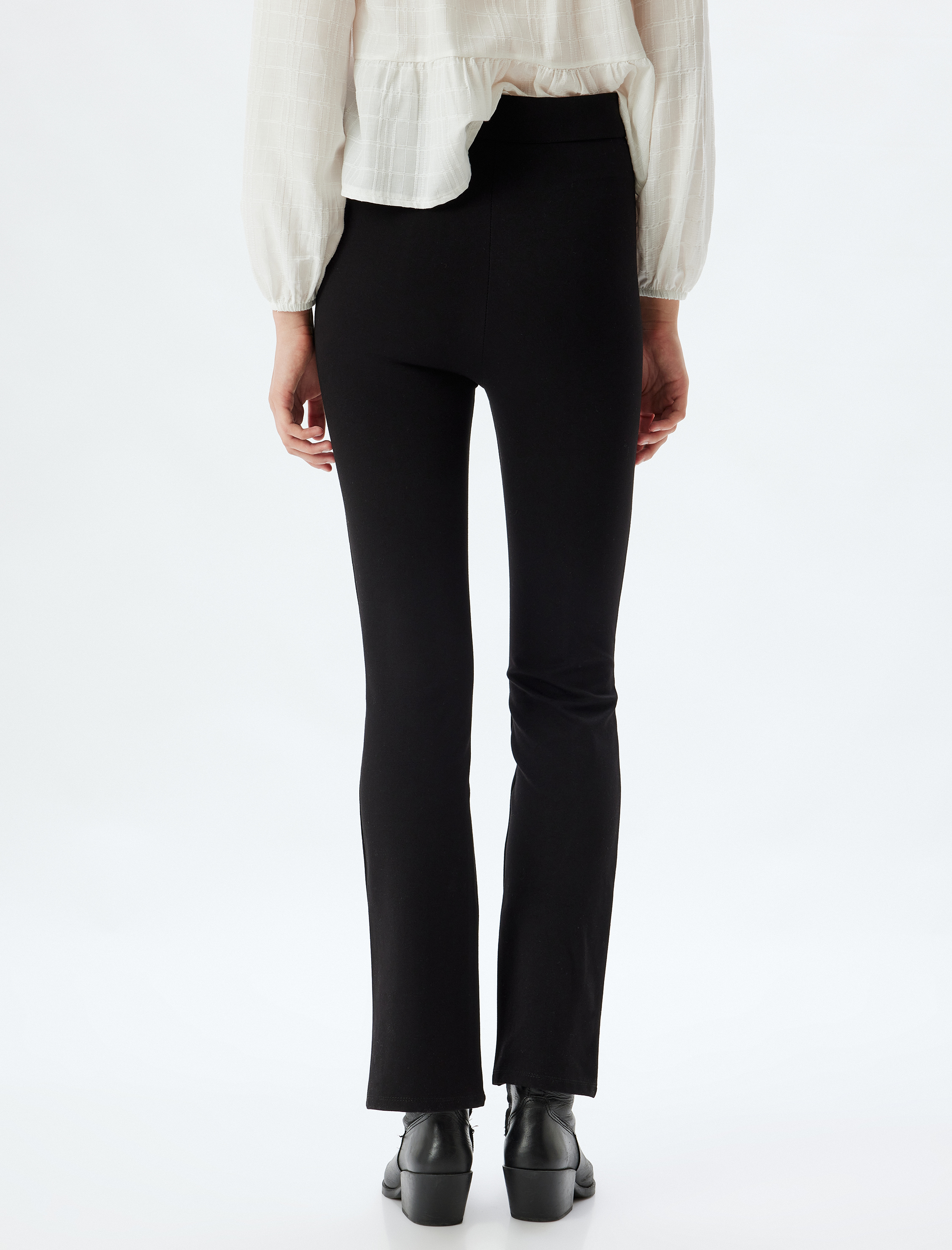 İspanyol Paça Tayt Pantolon Nervürlü Yüksek Bel Slim Fit Yırtmaç Detaylı