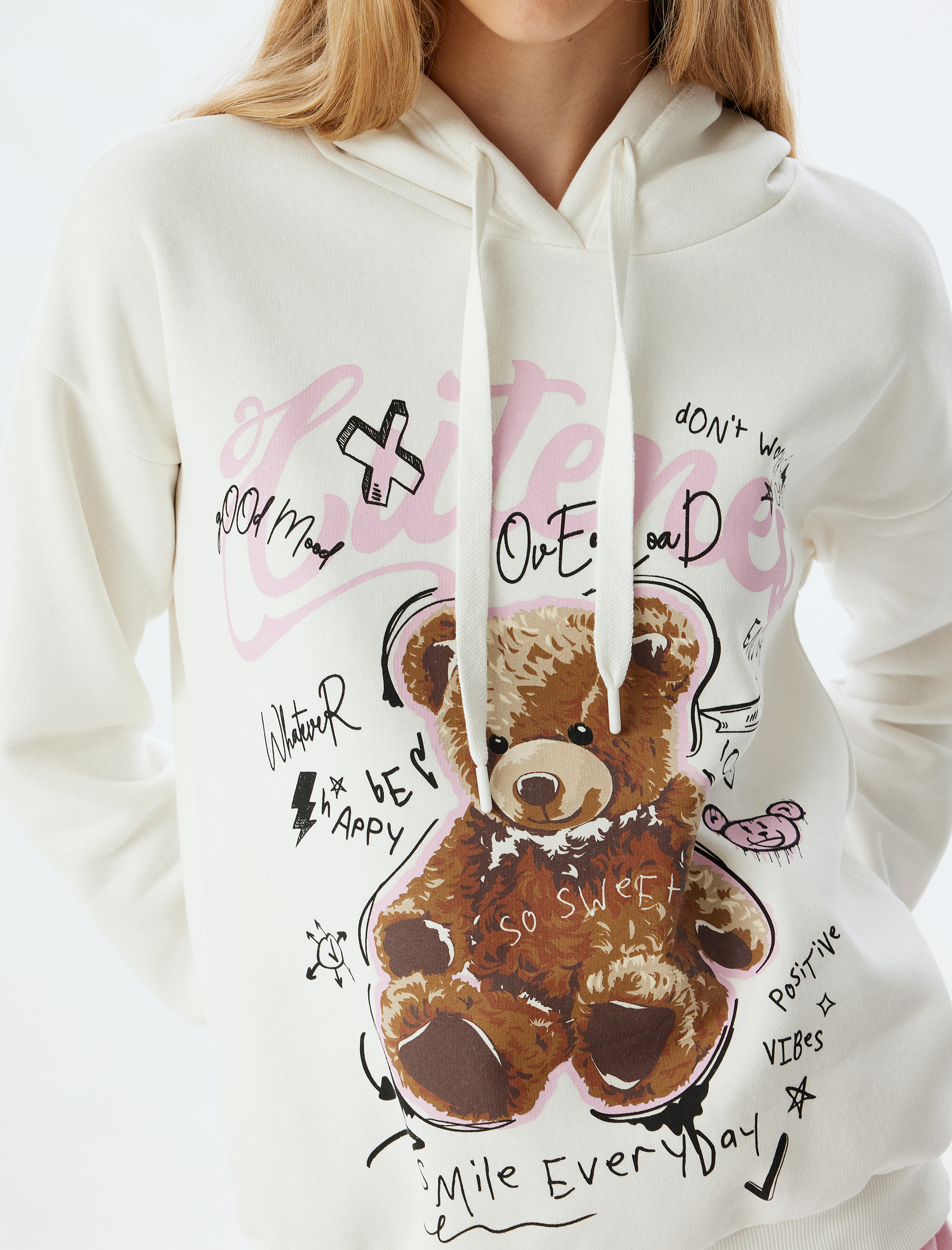   Şardonlu Kapüşonlu Sweatshirt Ayı Baskılı Sloganlı Rahat Kalıp