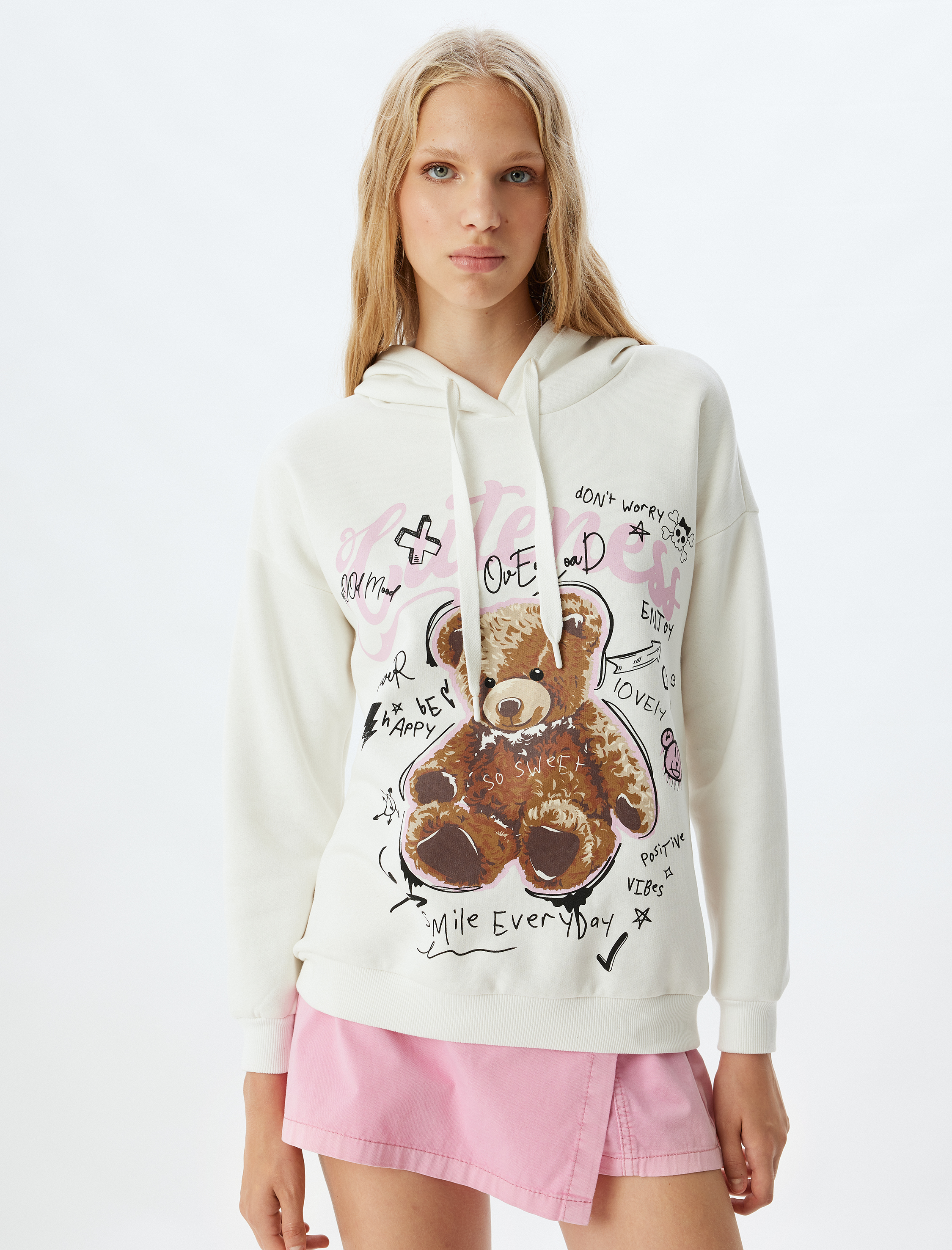   Şardonlu Kapüşonlu Sweatshirt Ayı Baskılı Sloganlı Rahat Kalıp