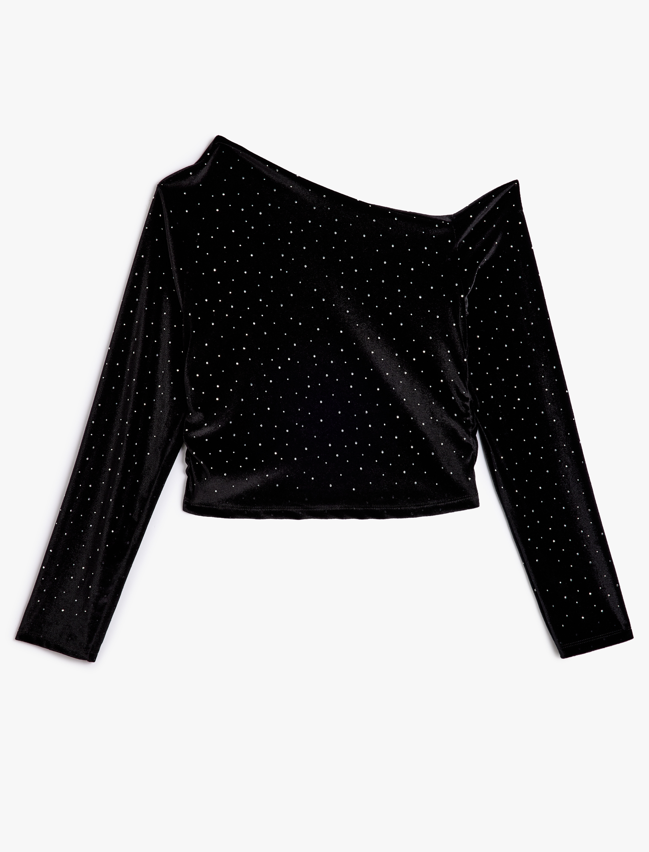   Kadife Taş Detaylı Asimetrik Omzu Açık Bluz