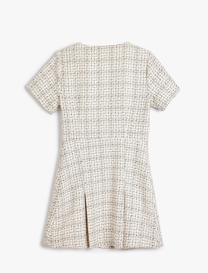  Mini Tüvit Elbise Kısa Kollu Bisiklet Yaka Düğmeli Yırtmaçlı