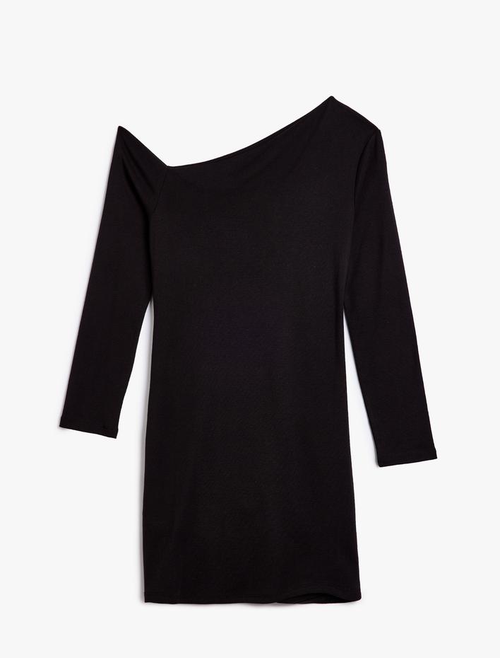  Asimetrik Tek Omuz Mini Elbise Uzun Kollu Slim Fit