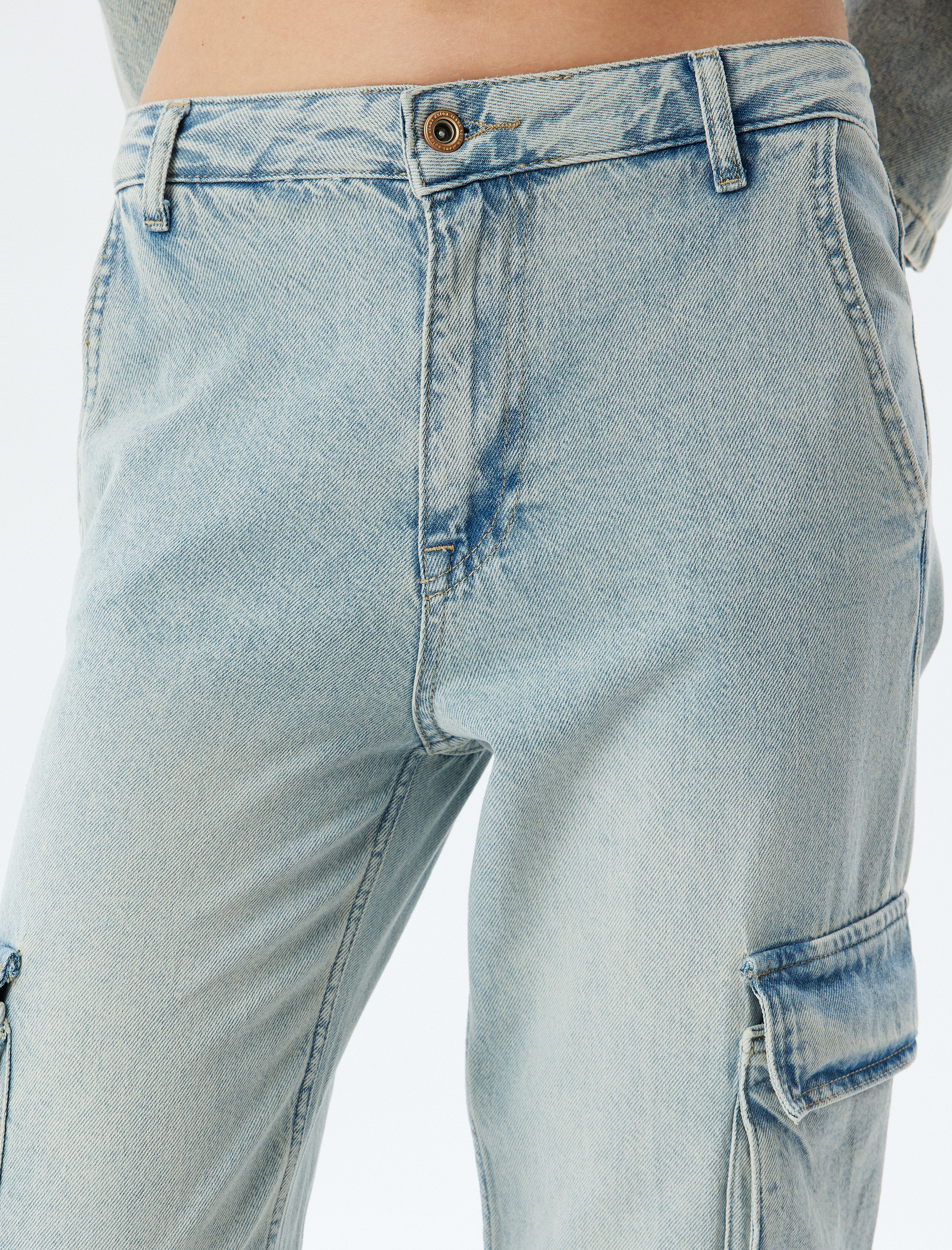 Kargo Cepli Kot Pantolon Normal Bel Düz Paça Düğmeli - Straight Fit Jean