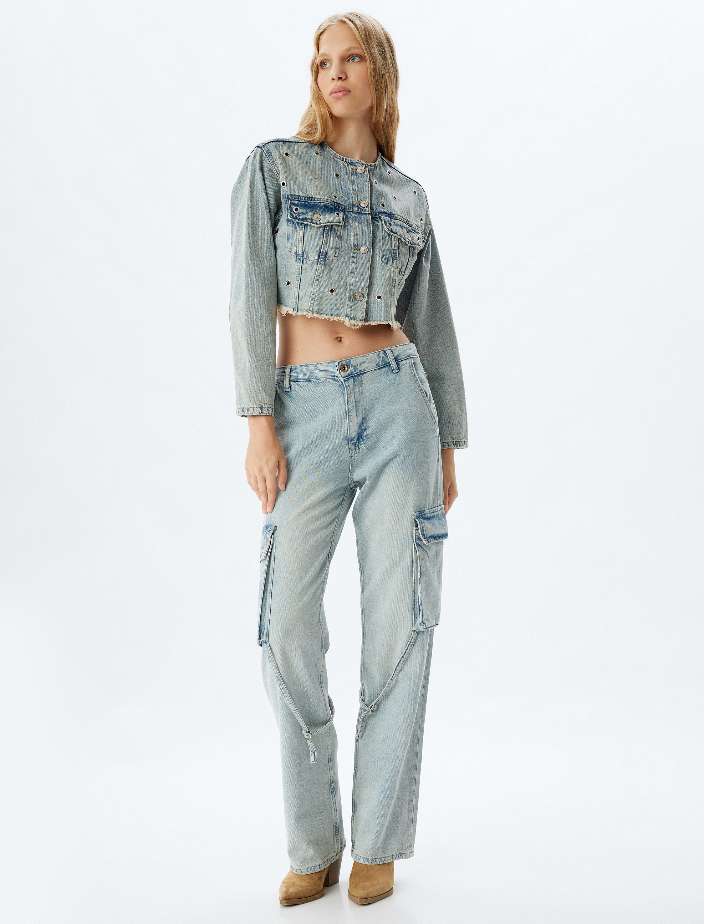 Kargo Cepli Kot Pantolon Normal Bel Düz Paça Düğmeli - Straight Fit Jean