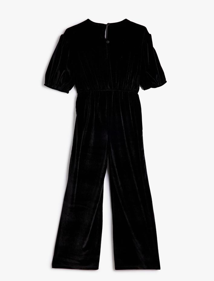 Kız Çocuk Balon Kollu Kuşak Detaylı İspanyol Paça Kadife Tulum