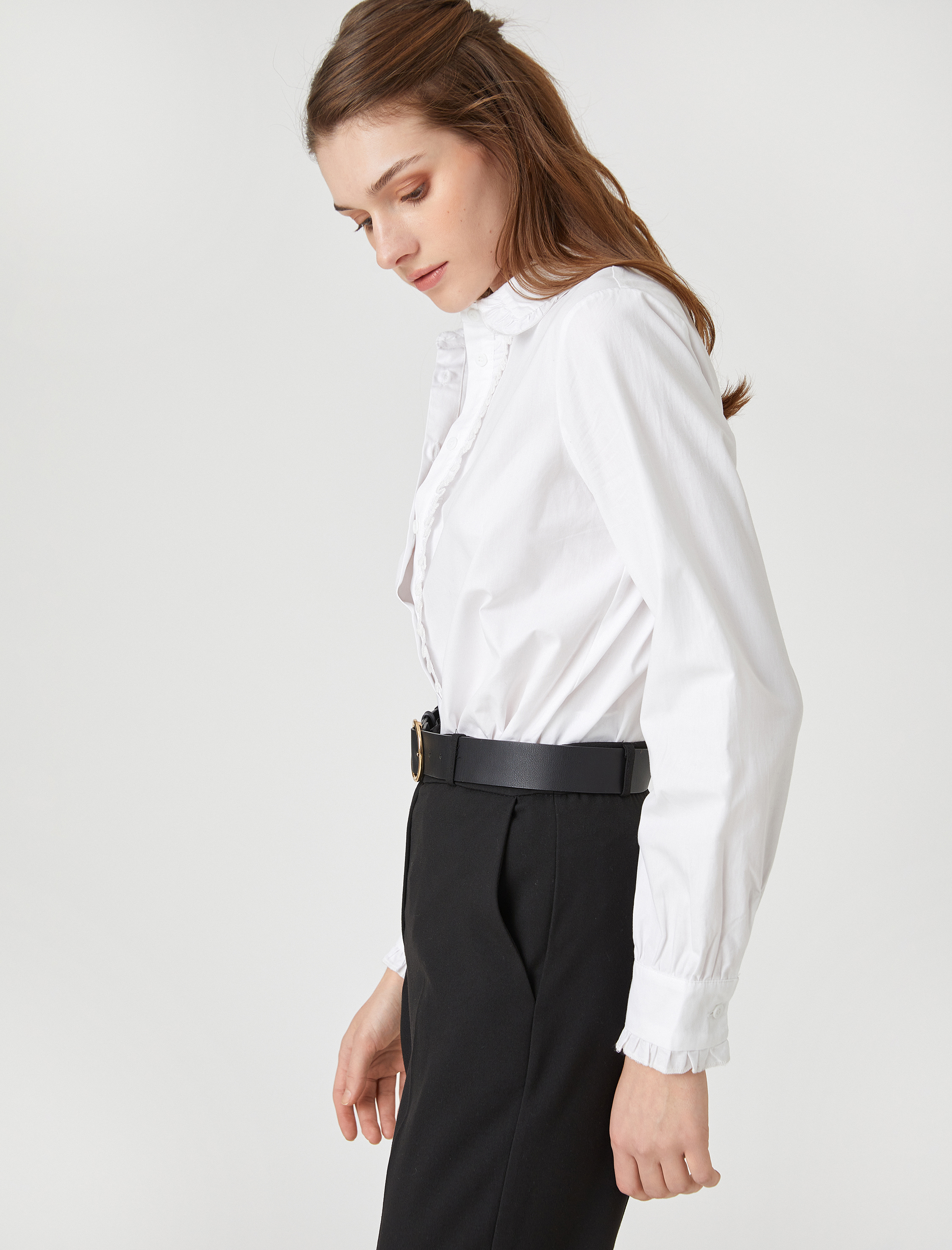   Fırfır Detaylı Gömlek Uzun Kollu Pamuklu