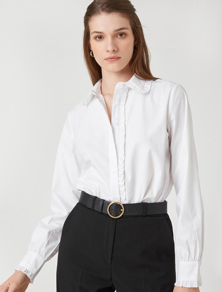  Fırfır Detaylı Gömlek Uzun Kollu Pamuklu