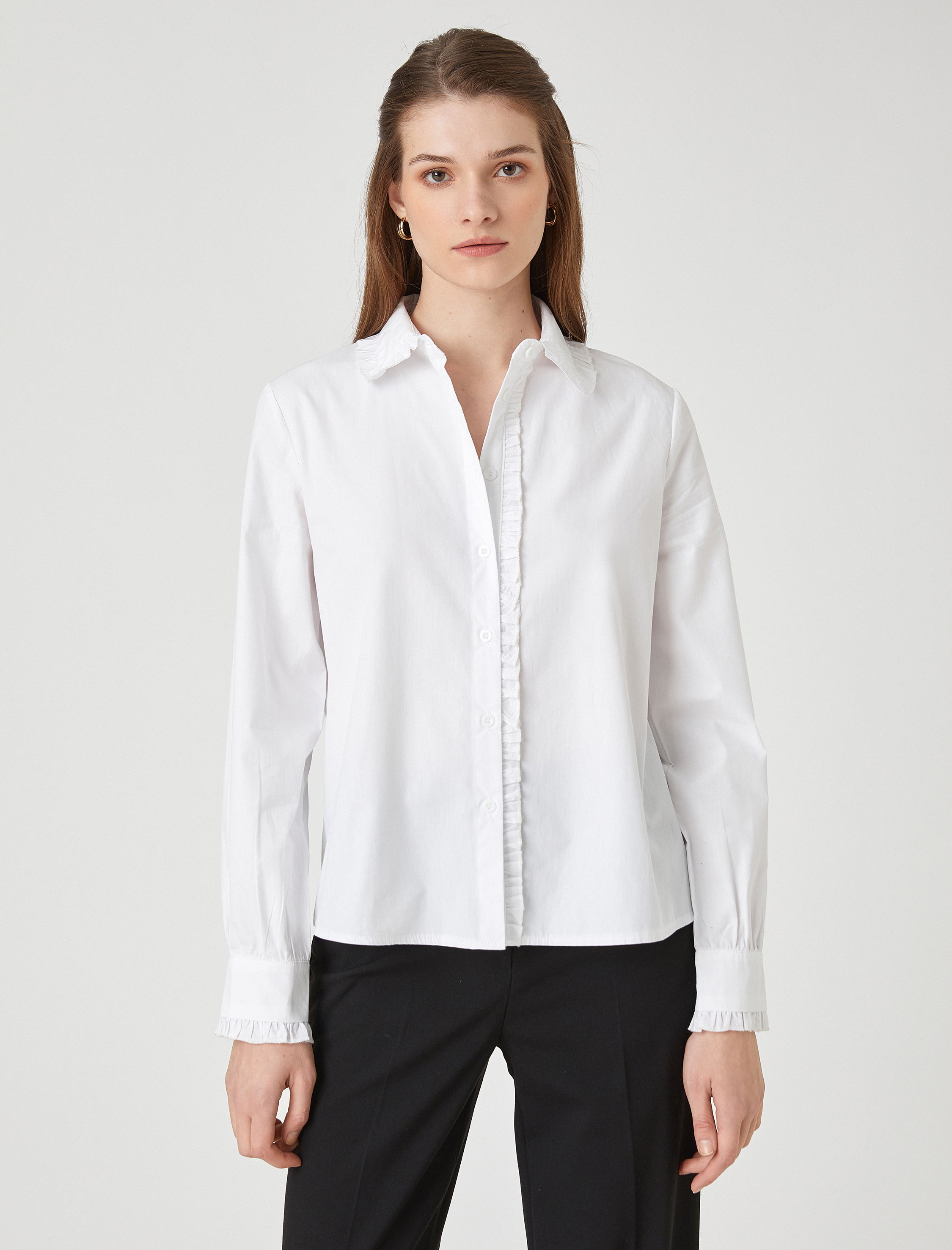   Fırfır Detaylı Gömlek Uzun Kollu Pamuklu