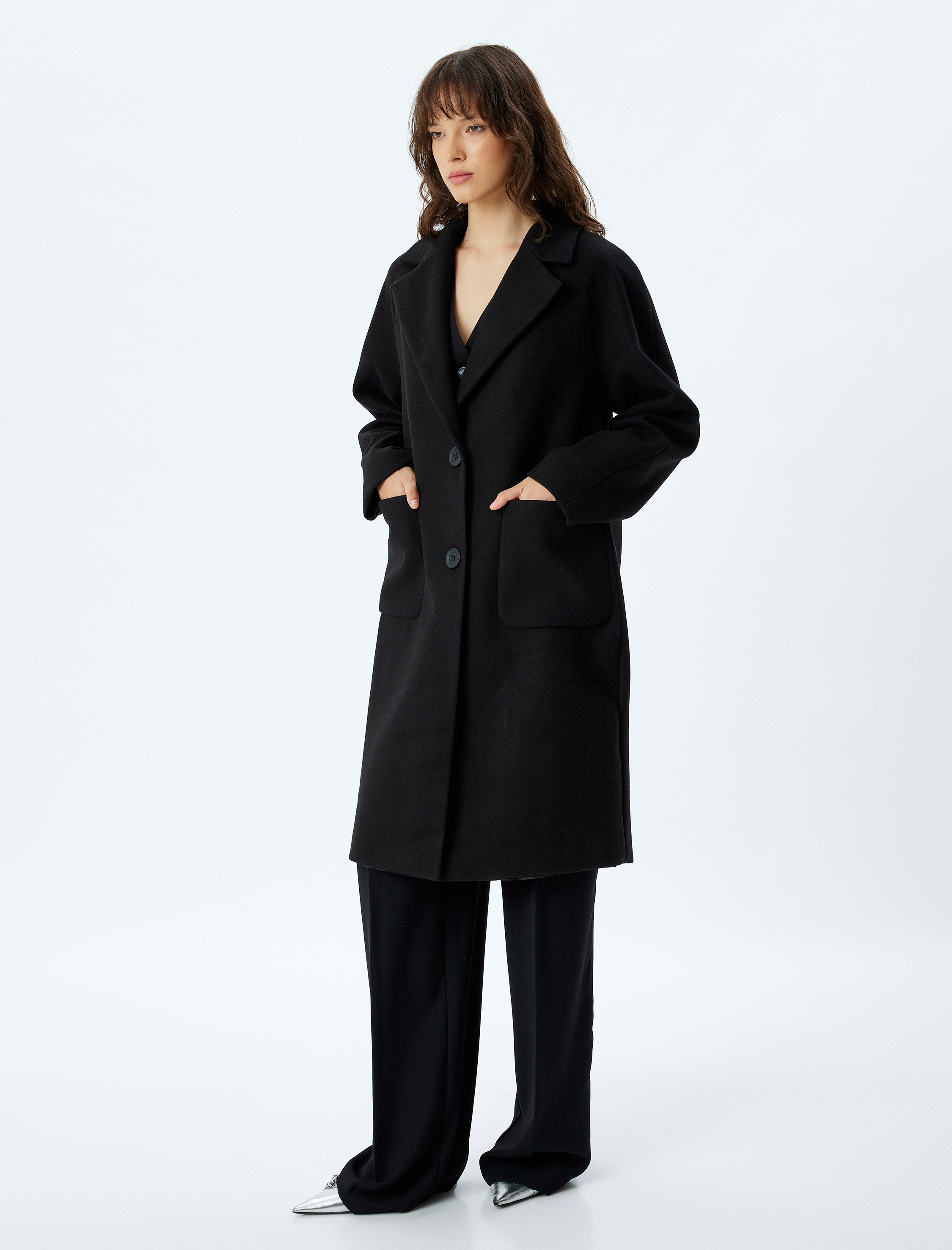   Kruvaze Düğmeli Cepli Uzun Kaşe Kaban