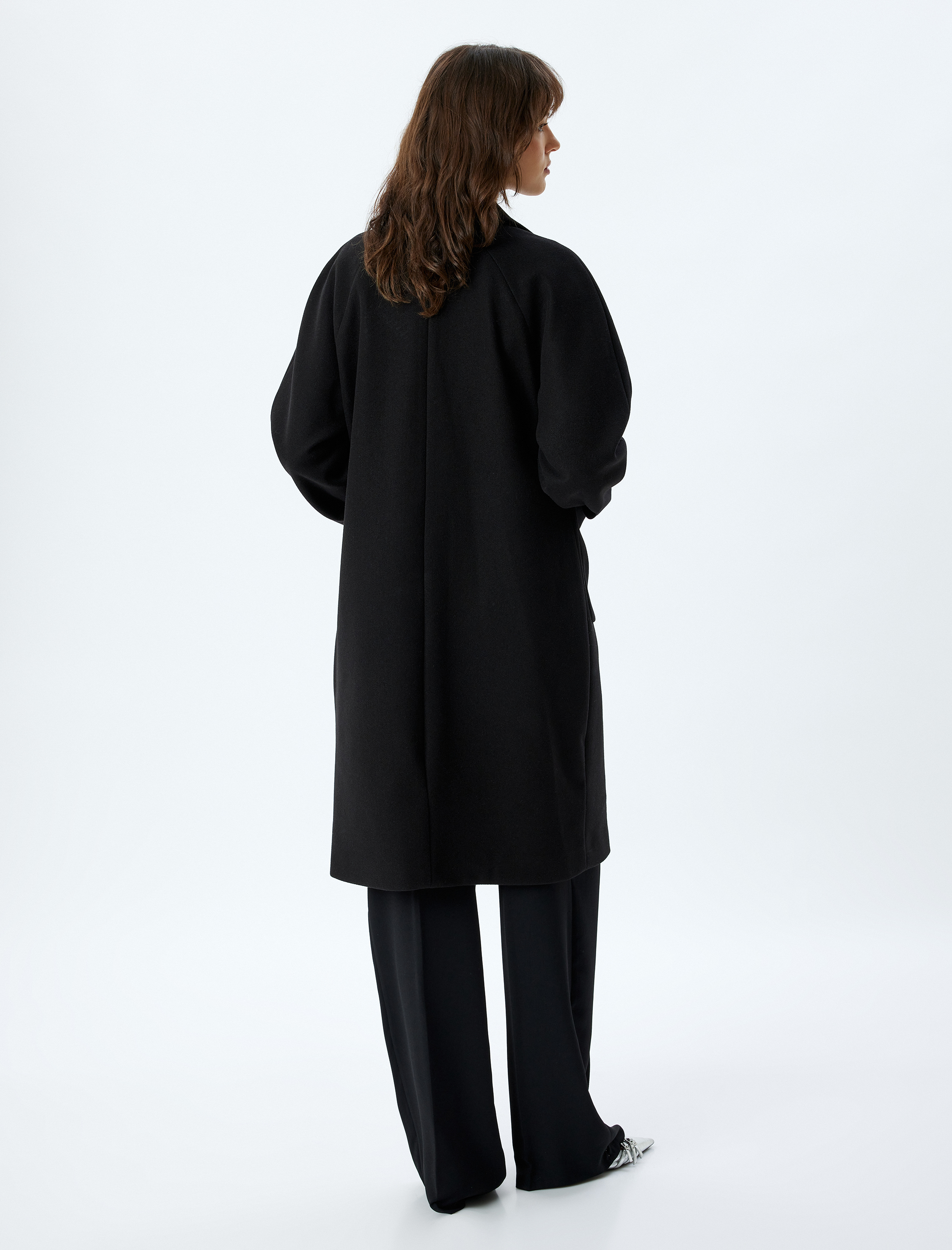   Kruvaze Düğmeli Cepli Uzun Kaşe Kaban