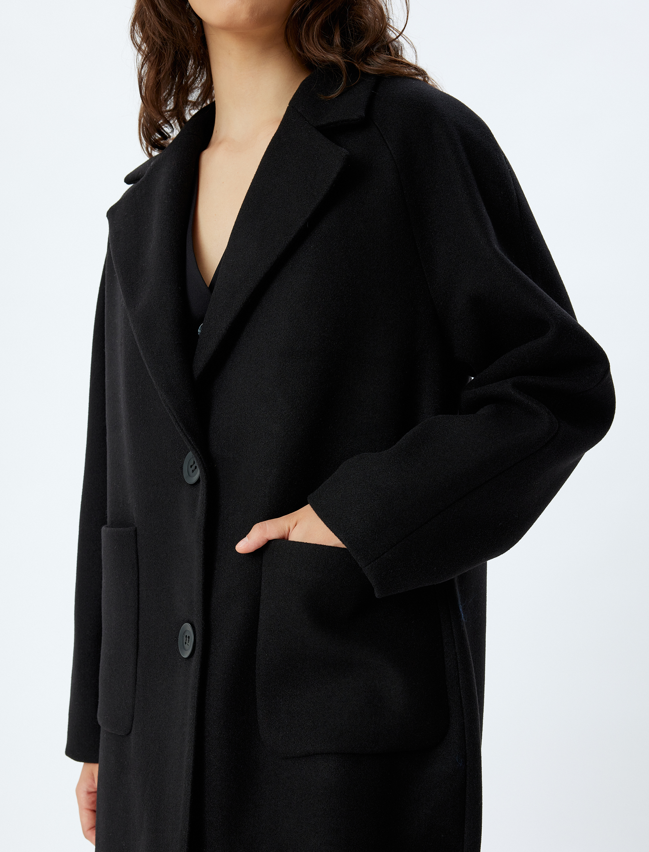   Kruvaze Düğmeli Cepli Uzun Kaşe Kaban