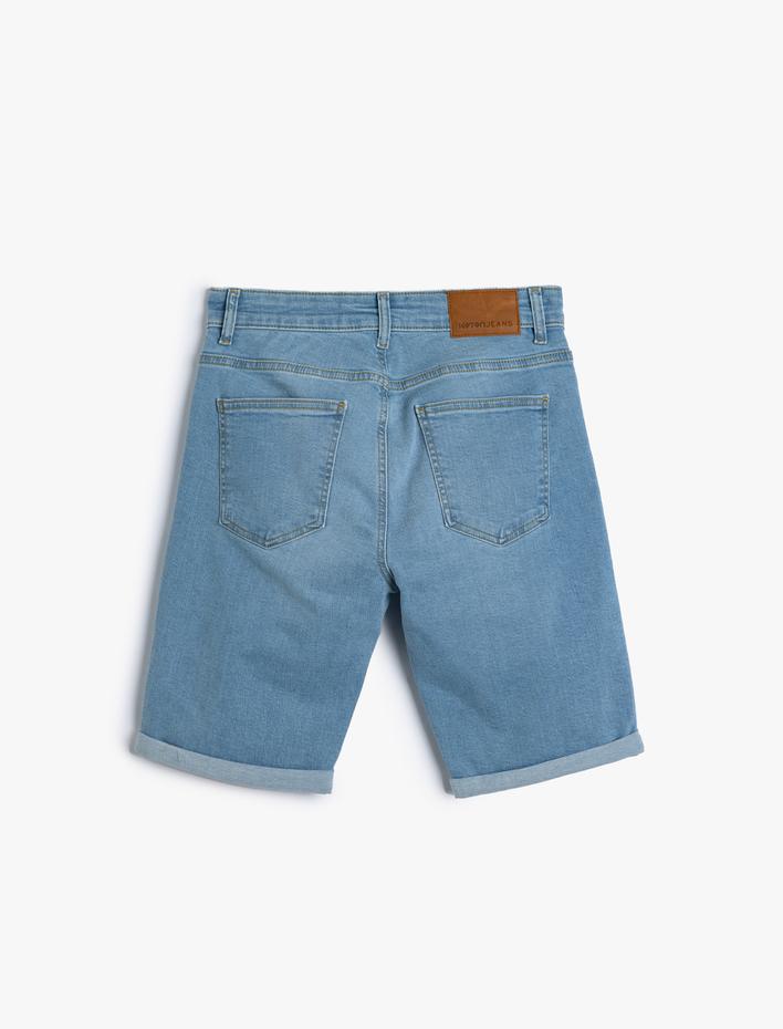  Slim Fit Kot Şort Bermuda Cep Detaylı Pamuklu