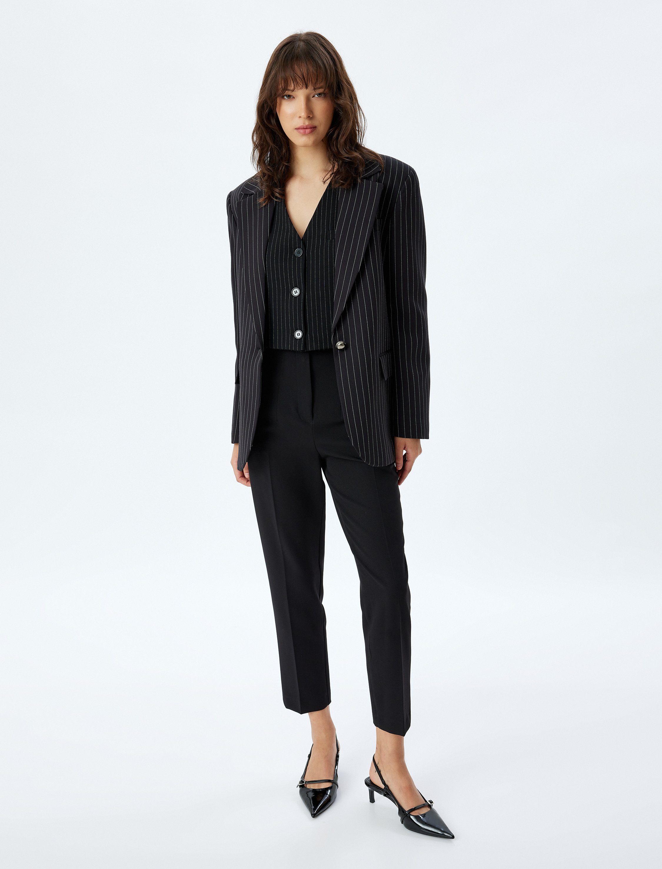   Yüksek Bel Kumaş Pantolon Cigarette Form Cepli Pens Detaylı