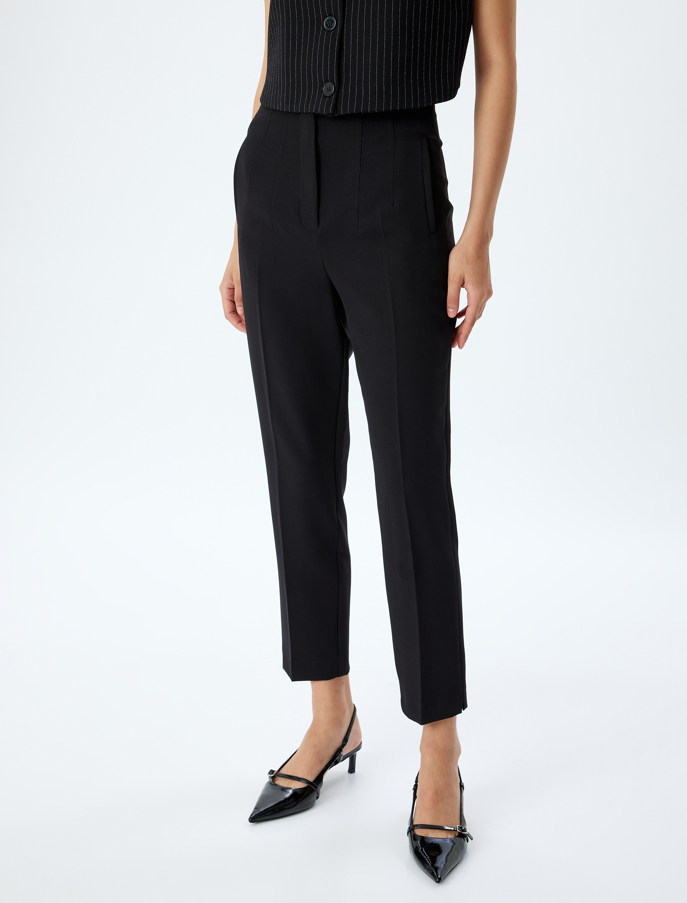   Yüksek Bel Kumaş Pantolon Cigarette Form Cepli Pens Detaylı