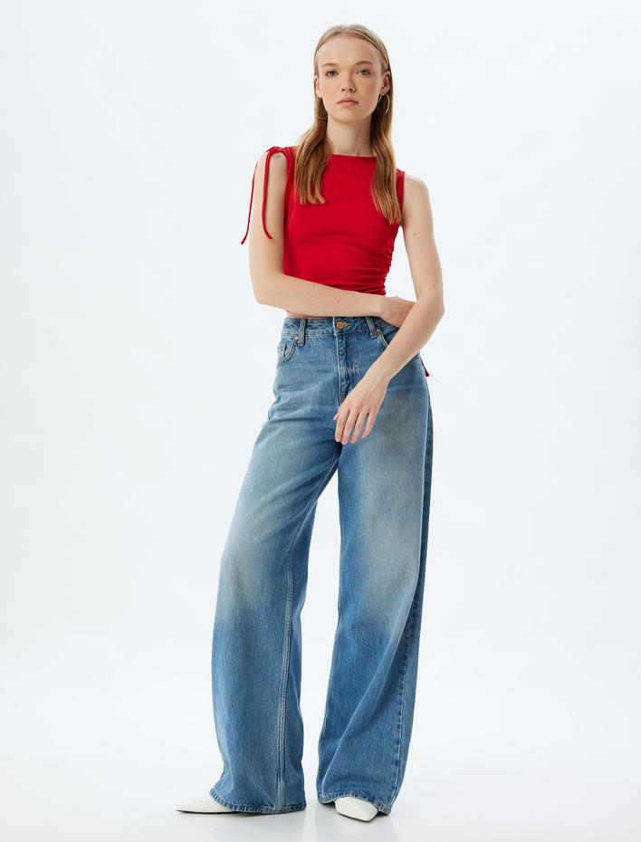  Drapeli Üst Bağcık Detaylı Kolsuz Bisiklet Yaka Slim Fit