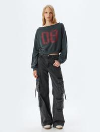 Crop Oversize Kolej Baskılı Kayık Yaka Sweatshirt